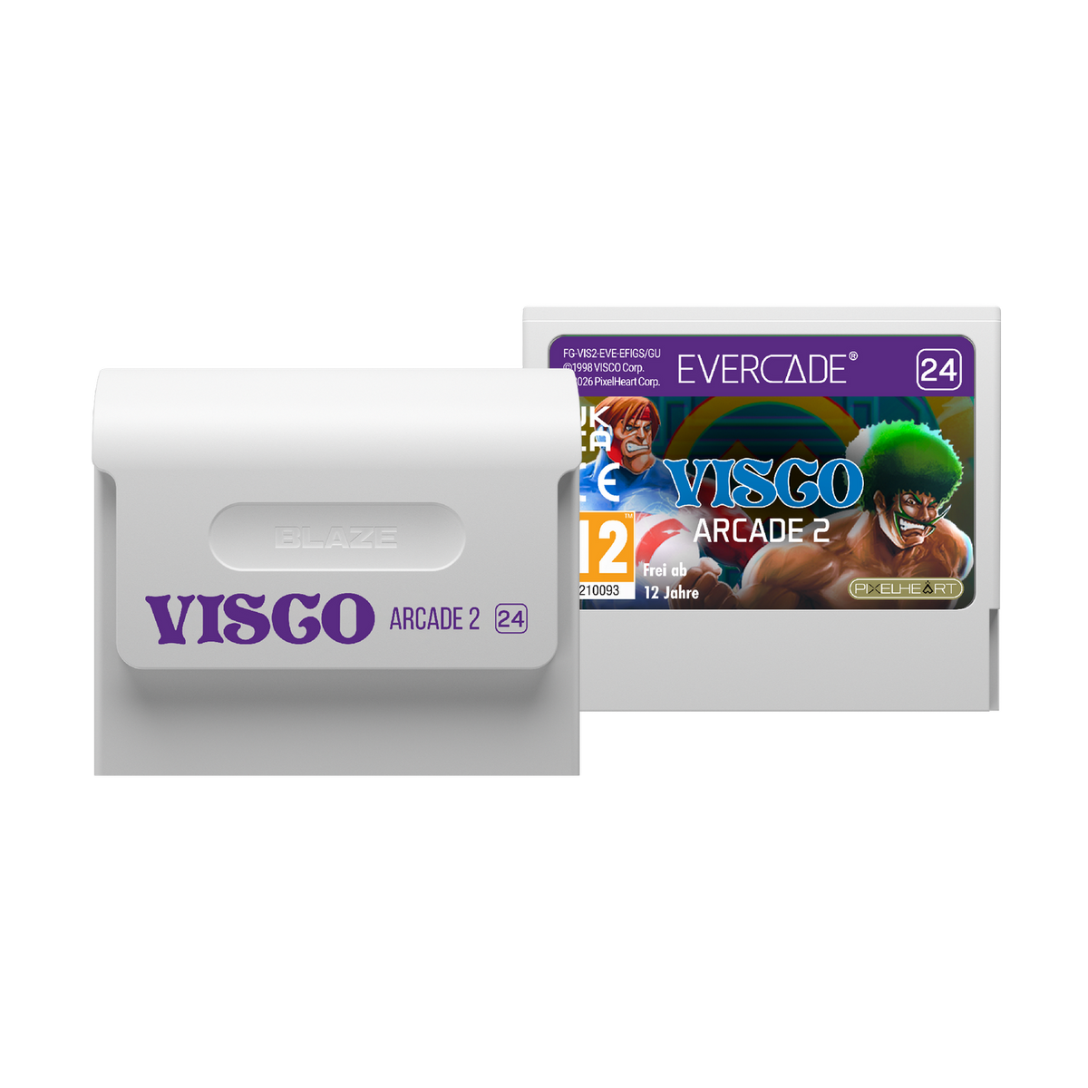 Cartucho de juego Evercade Visco Arcade 2 en carcasa blanca con etiqueta colorida.