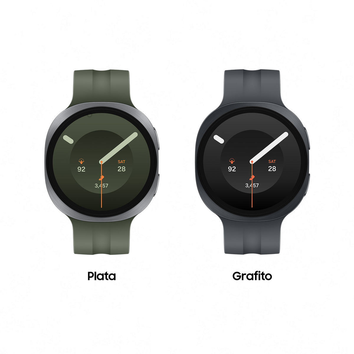 Twee smartwatches naast elkaar, links groen gelabeld Plata en rechts grafiet gelabeld Grafito met fitnessgegevens.