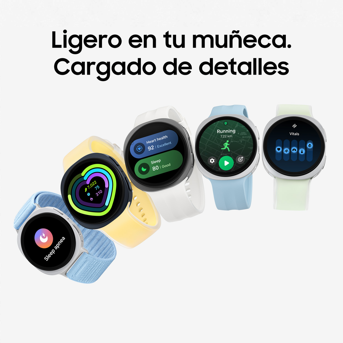 Vijf smartwatches met kleurrijke bandjes en fitness-schermgraphics op witte achtergrond met Spaanse tekst.