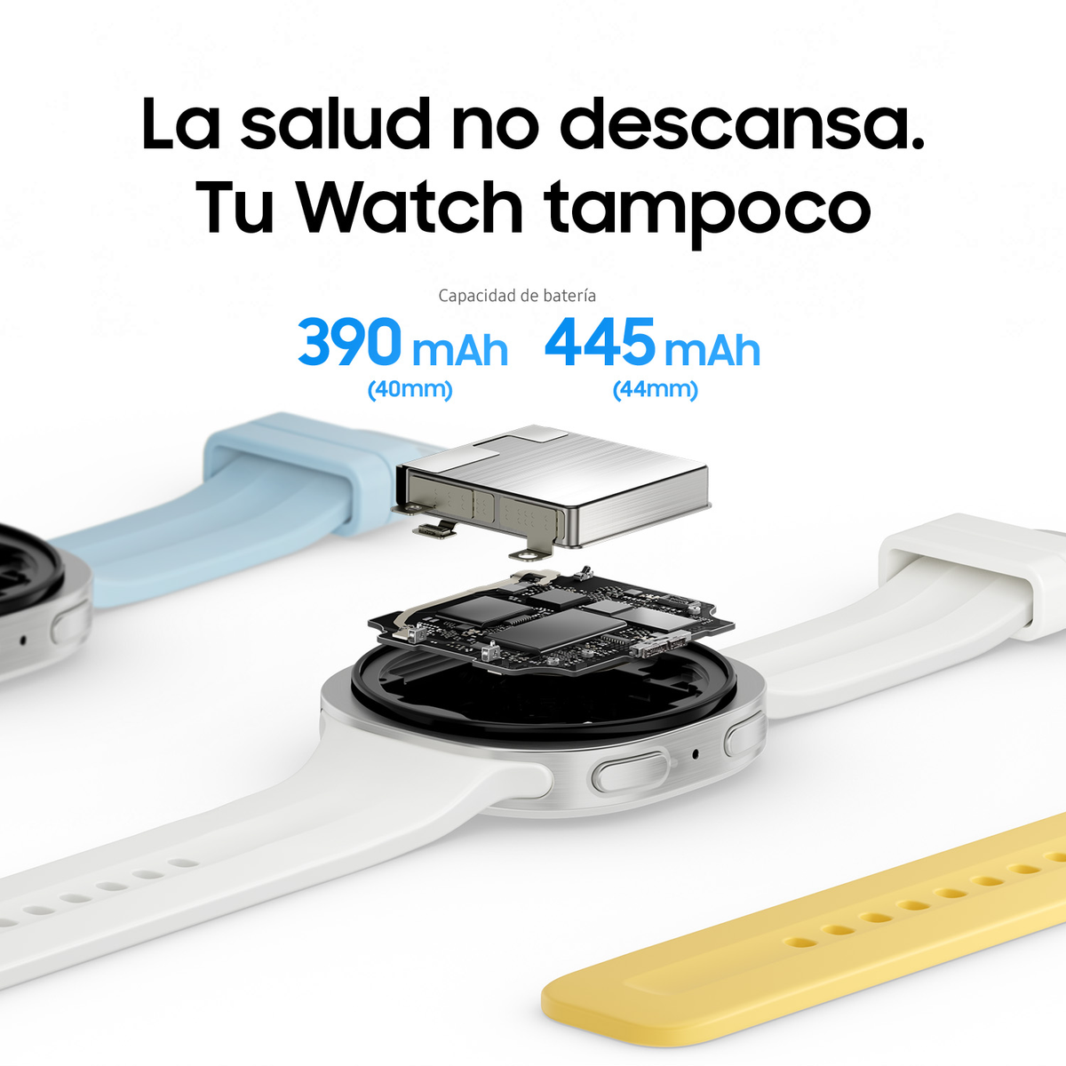 Explosietekening van een smartwatch met interne batterij en printplaat, met Spaanse tekst over de batterijduur.
