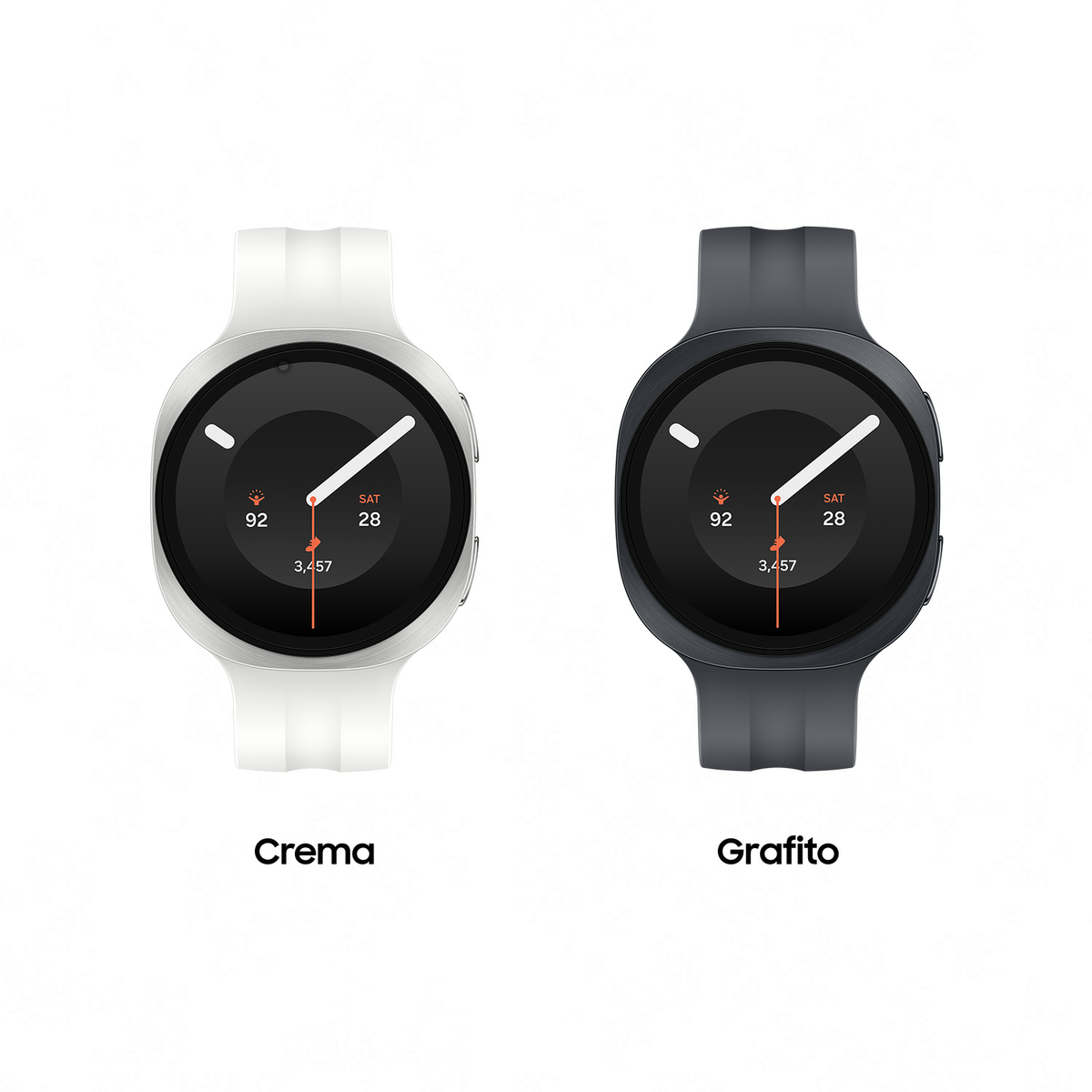 Twee smartwatches naast elkaar: een witte Crema-horloge links and een donkere Grafito-horloge rechts.