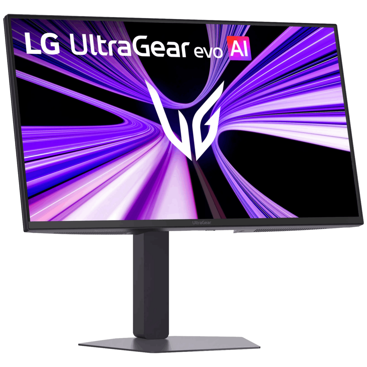 Monitor LG UltraGear con marco negro, soporte y patrón de ondas moradas en la pantalla.