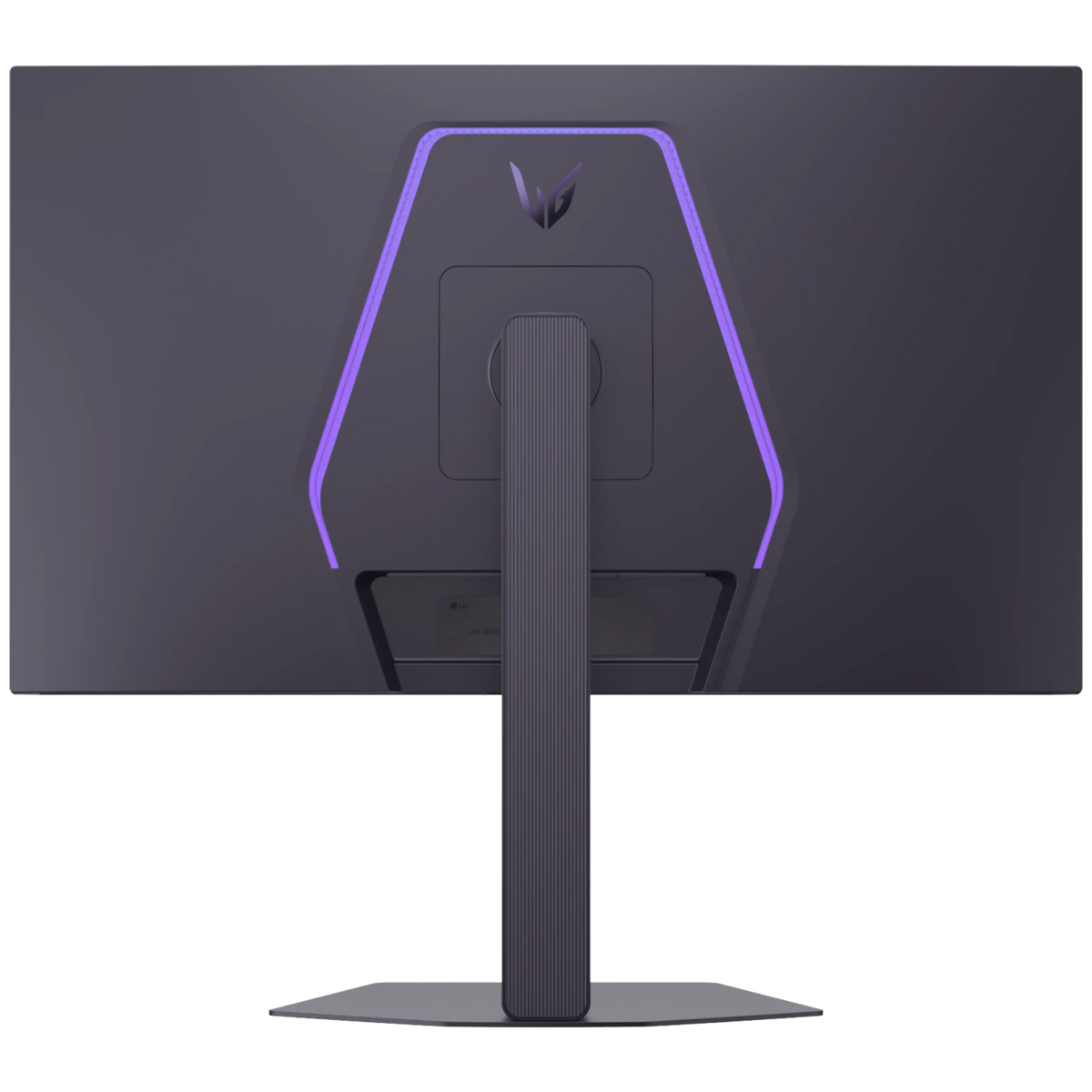 Vista trasera de un monitor negro con iluminación LED violeta y un soporte sobre fondo negro.