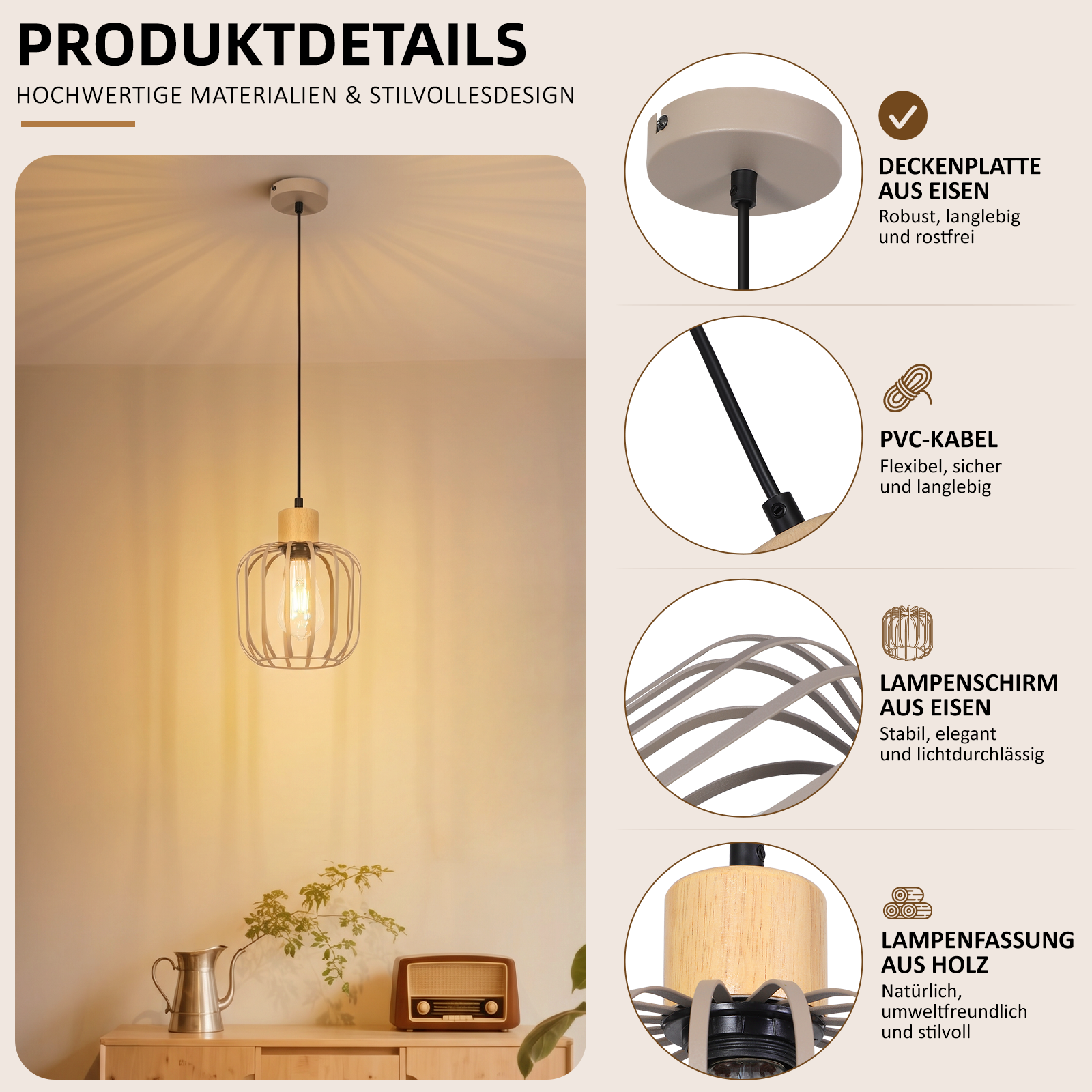 Detalles de producto de una lámpara colgante moderna con pantalla de hierro, cable de PVC y casquillo de madera.