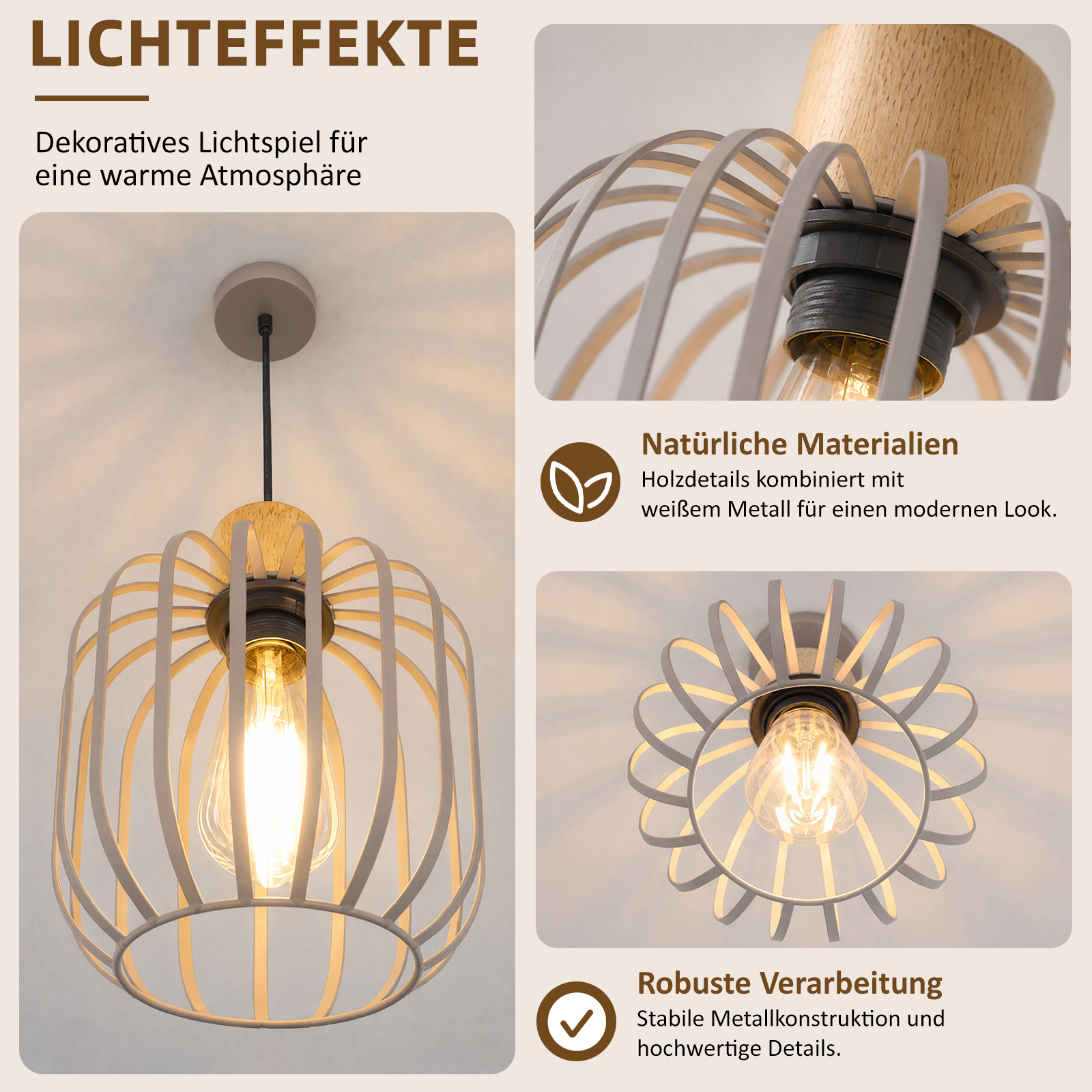 Lámpara colgante moderna con madera y jaula de metal blanco, iluminada.