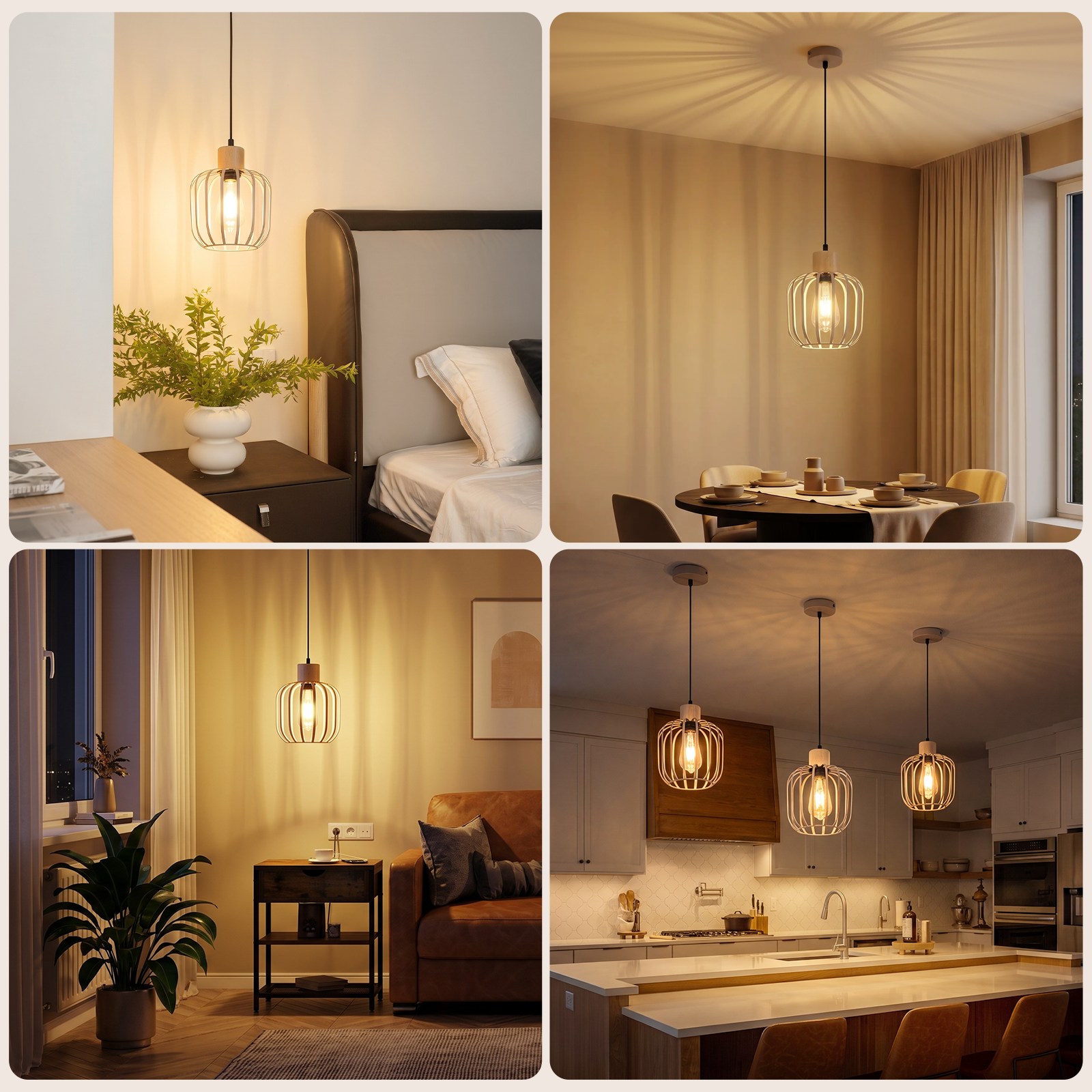 Un collage que muestra una lámpara colgante de jaula moderna en habitaciones como el dormitorio, comedor, sala y cocina.