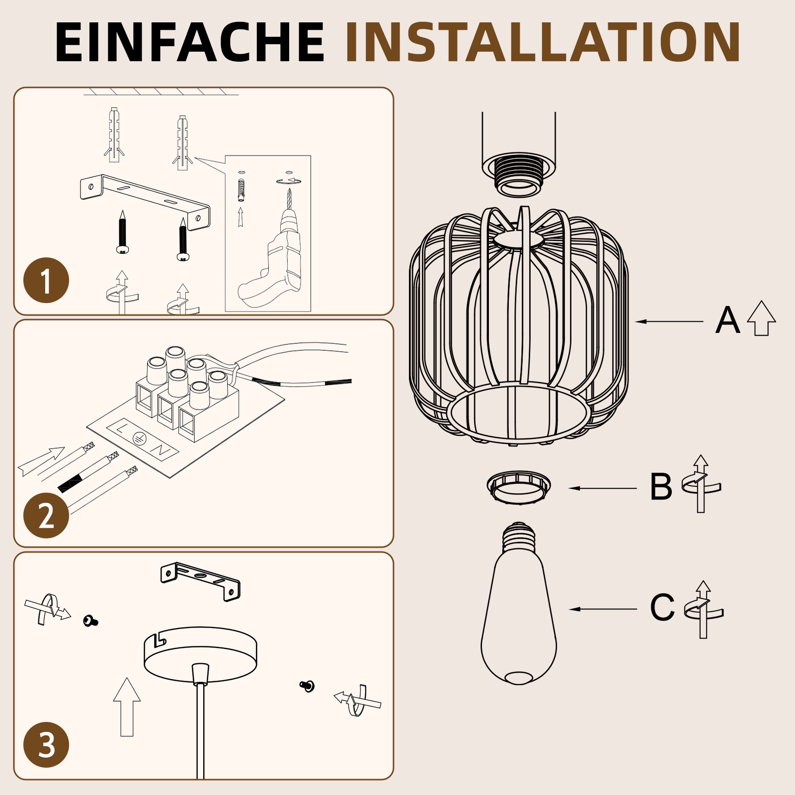 El diagrama muestra la instalación fácil de una lámpara en tres pasos con instrucciones.