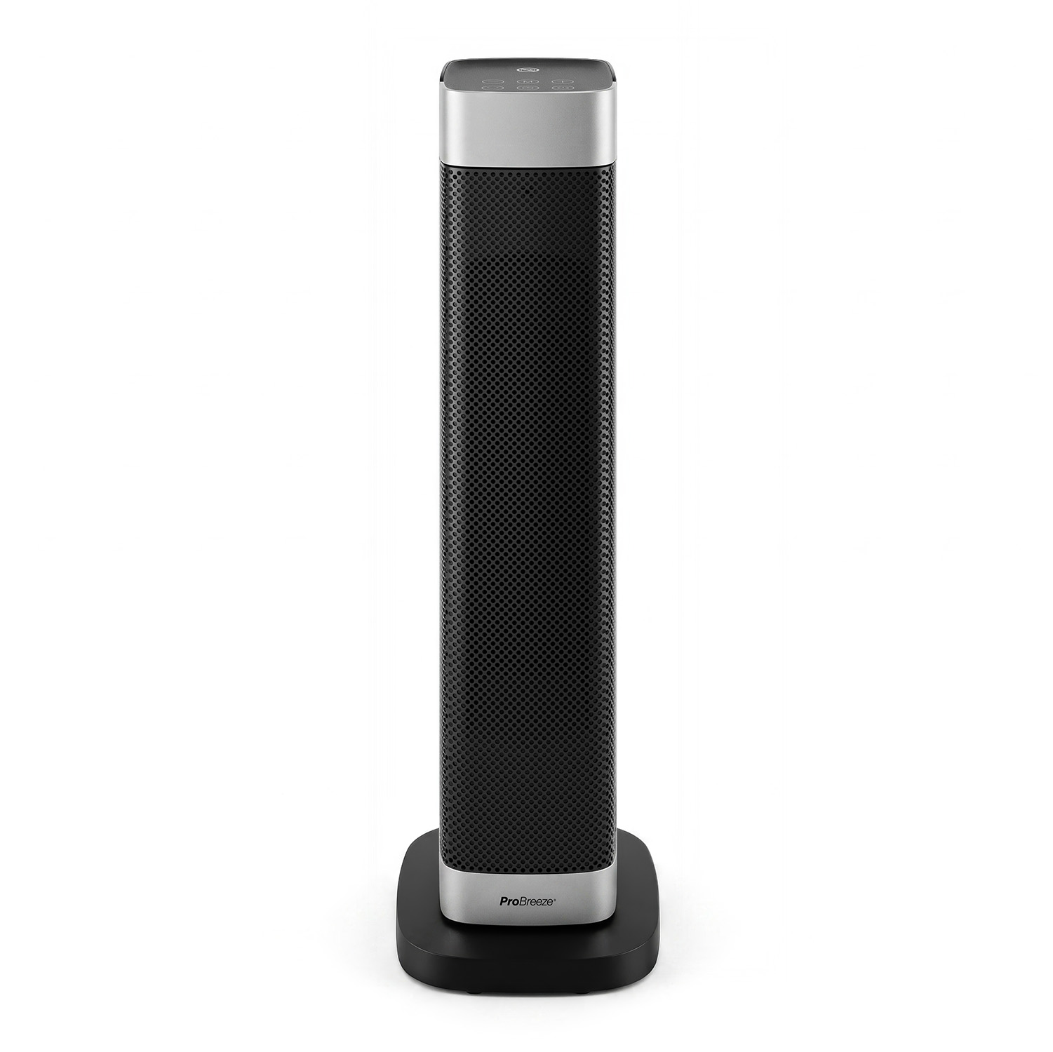 Ein schlanker, schwarzer und silberner Pro Breeze Turmventilator mit einem runden Sockel auf weißem Hintergrund.