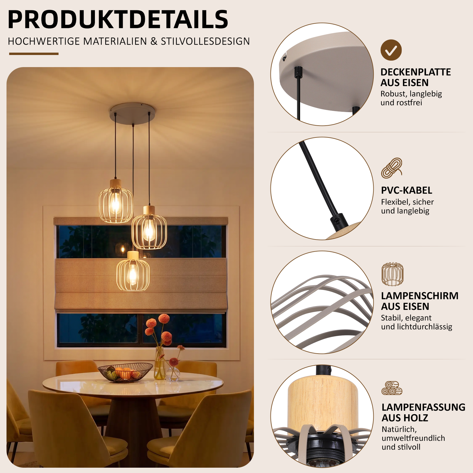 Detalles del producto de una lámpara colgante de tres luces con pantalla de hierro y madera sobre una mesa.