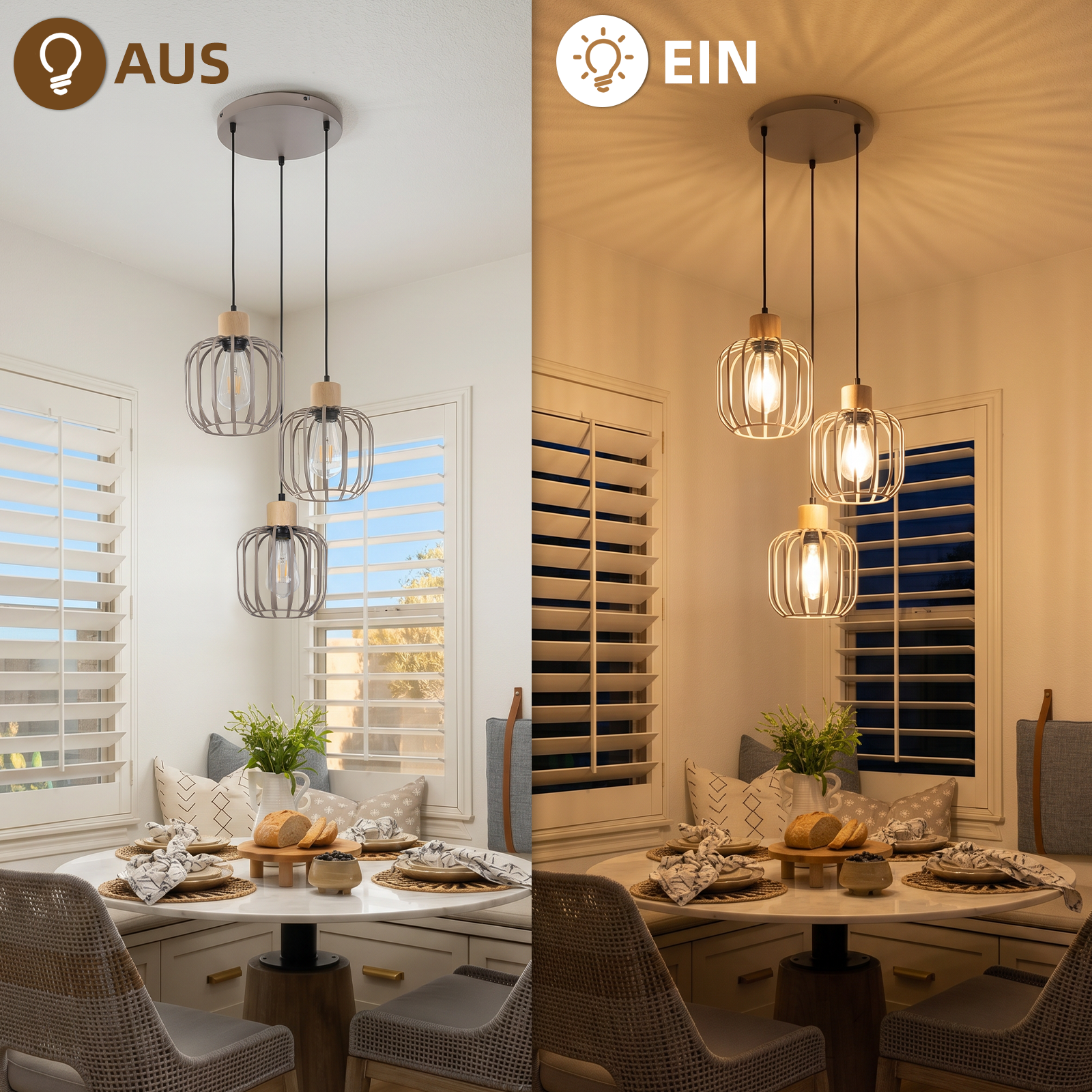 Comedor con mesa blanca, sillas de ratán y una lámpara colgante moderna de tres luces, mostrada apagada y encendida.