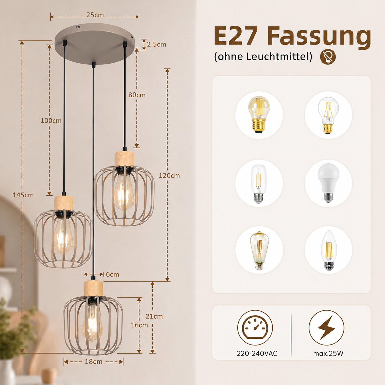 Dibujo técnico de una lámpara colgante de tres luces con dimensiones y bombillas E27 compatibles.
