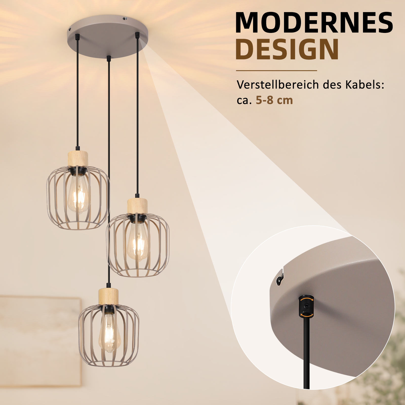Lámpara colgante moderna de tres luces con detalles en madera y cables ajustables.