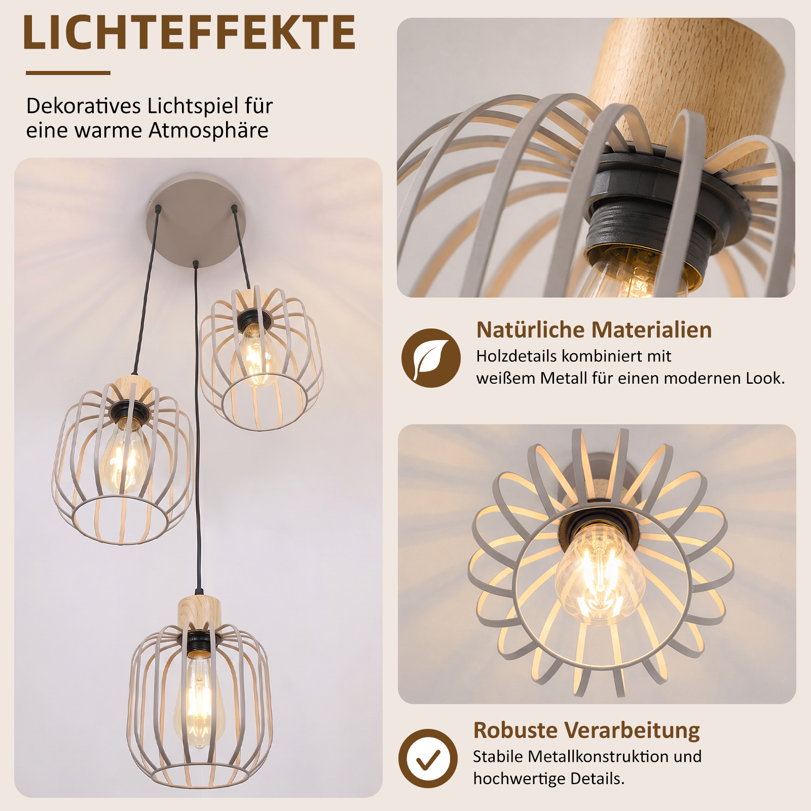 Lámpara colgante moderna con detalles de madera y rejilla de metal blanco, tres bombillas encendidas arrojan luz decorativa.