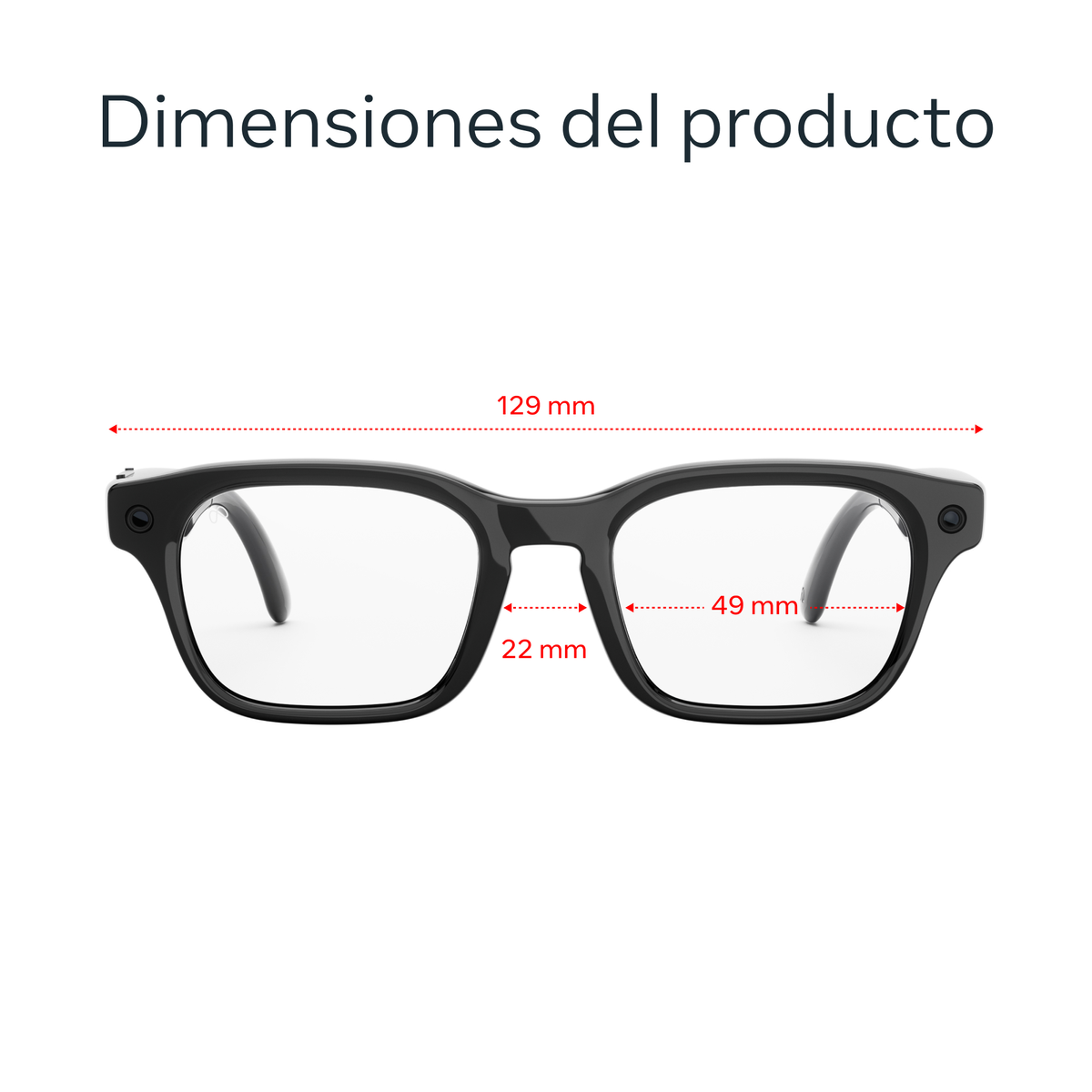 Grafico delle dimensioni del prodotto con occhiali neri e frecce rosse con misure.
