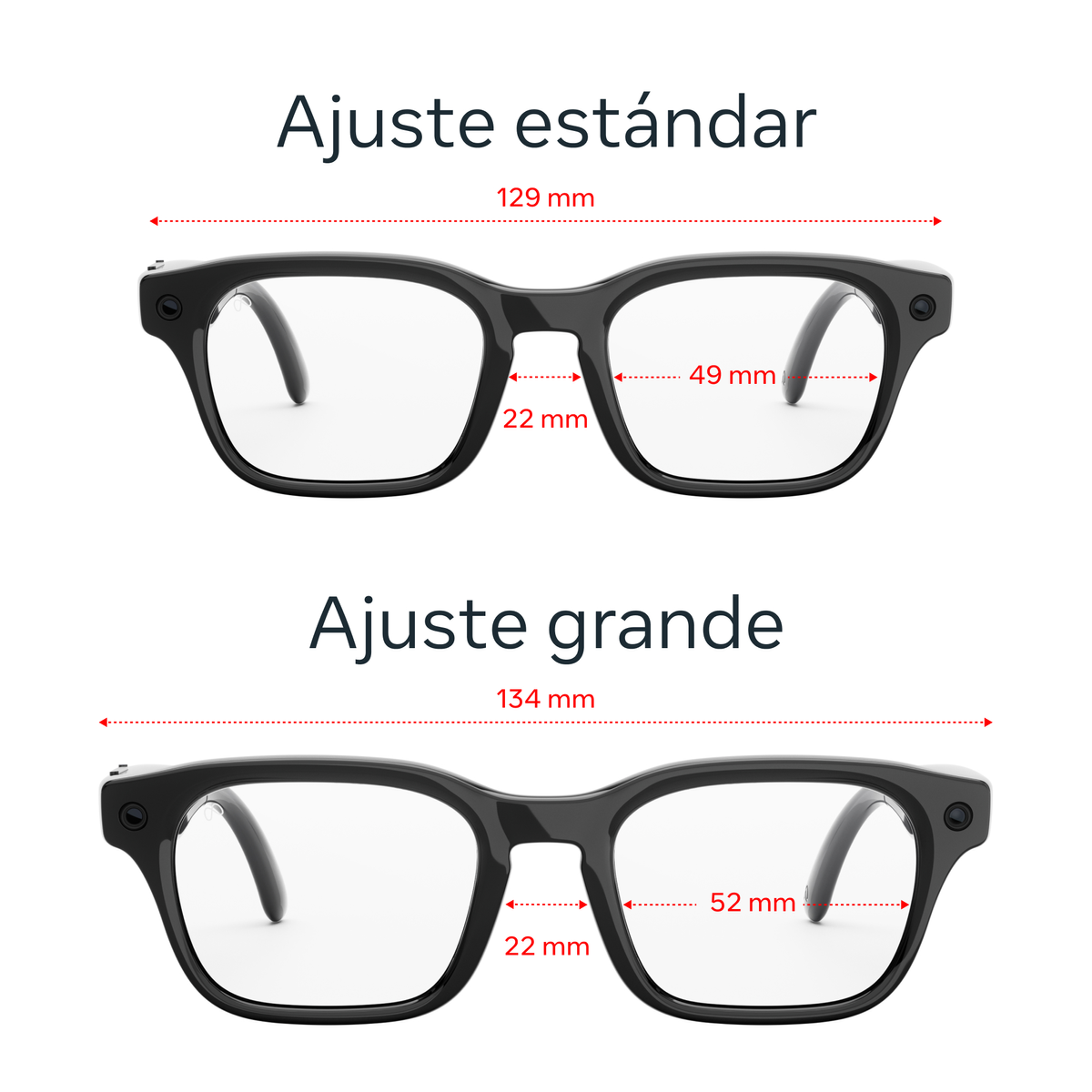 Diagramma con due varianti di occhiali, standard e grande, con indicazione delle misure in millimetri.