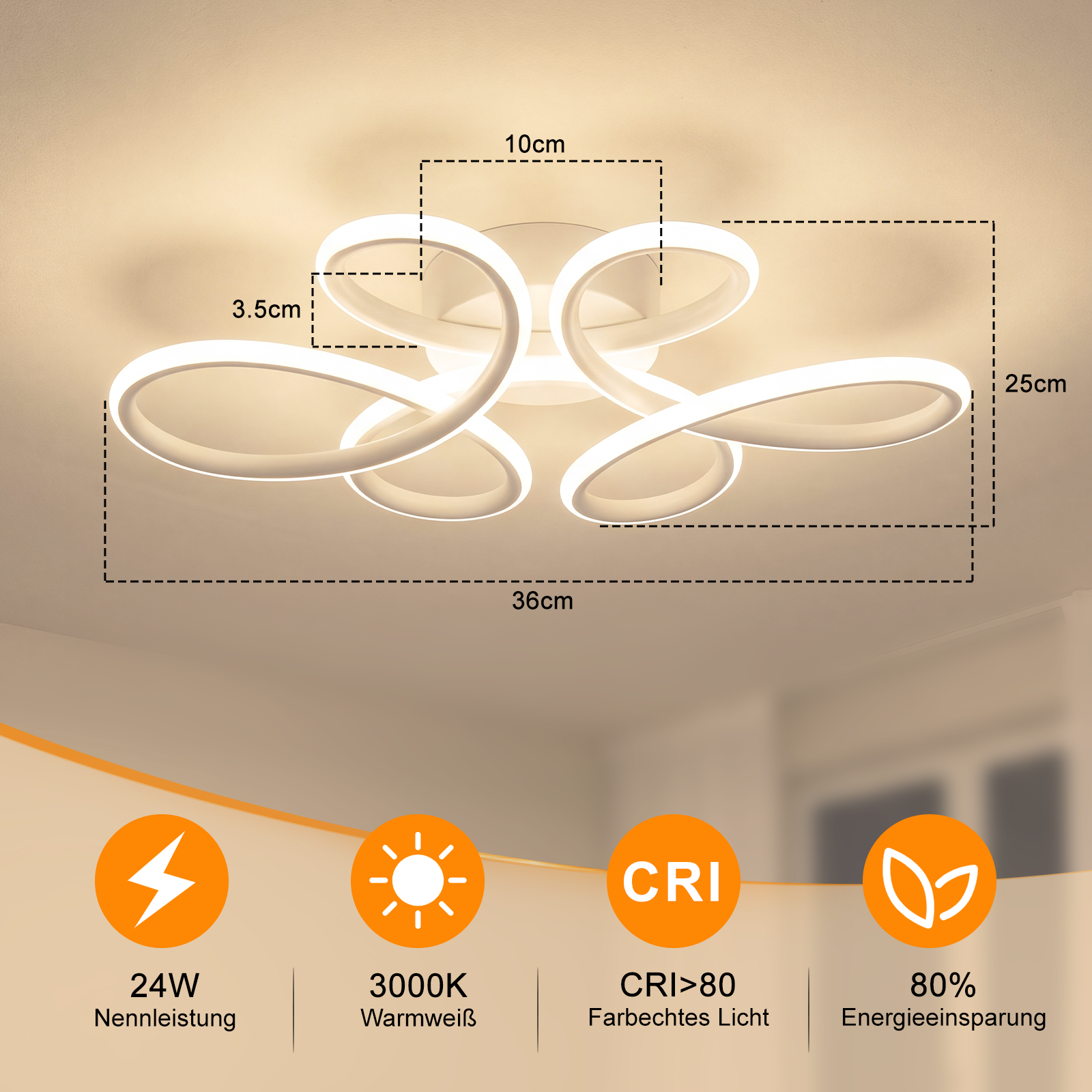 Lámpara de techo LED moderna con dimensiones e iconos para 24W, 3000K, CRI<gt/>80 y ahorro de energía.