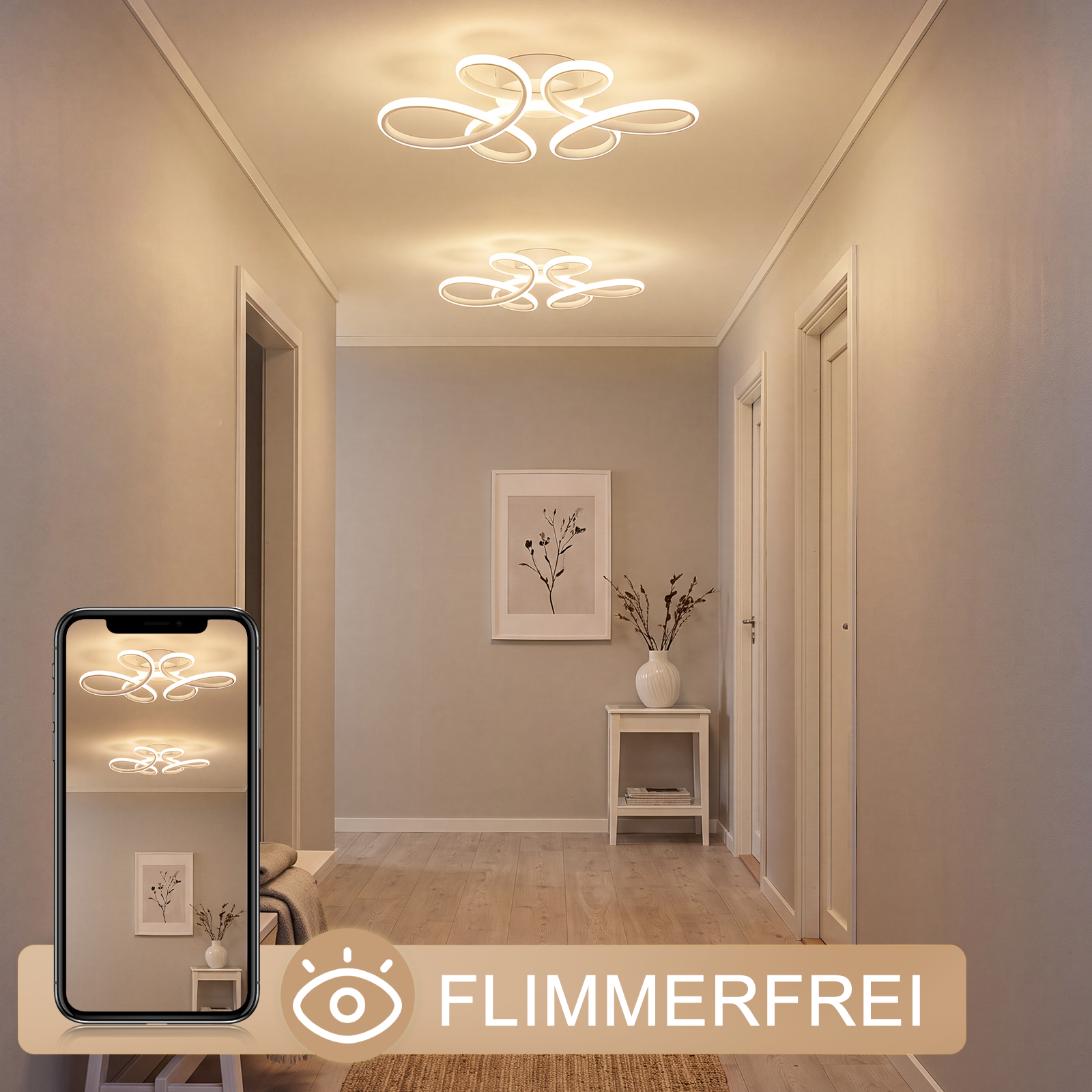 Un pasillo bien iluminado con luces de techo modernas en bucle, un cuadro enmarcado y un teléfono con la interfaz de la aplicación.