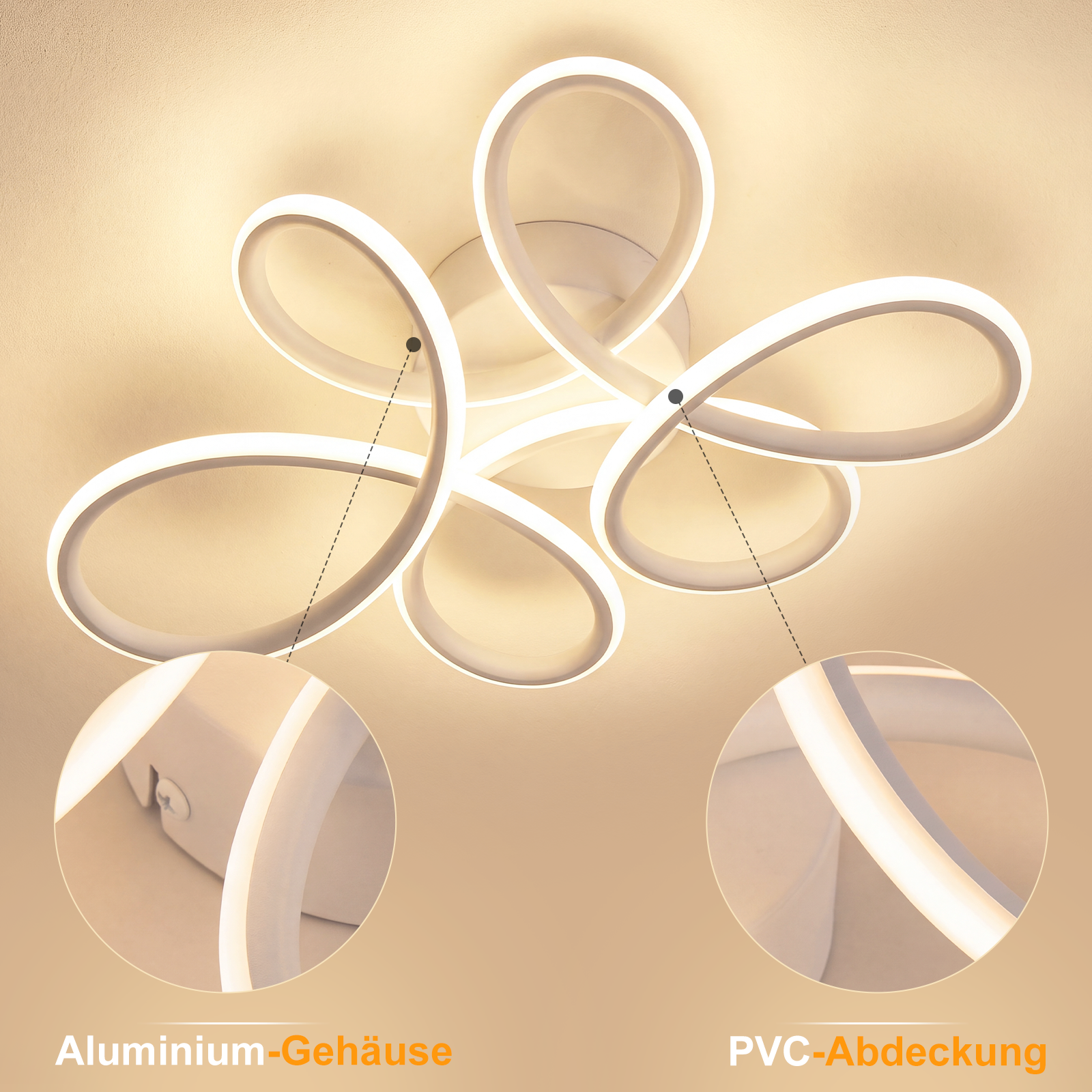 Moderna lámpara de techo LED blanca con bucles curvos, carcasa de aluminio y cubierta de PVC.