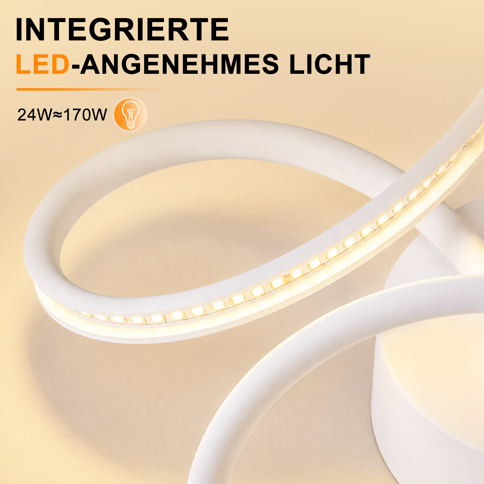 Primer plano de una lámpara LED espiral blanca moderna con luz cálida sobre fondo beige.