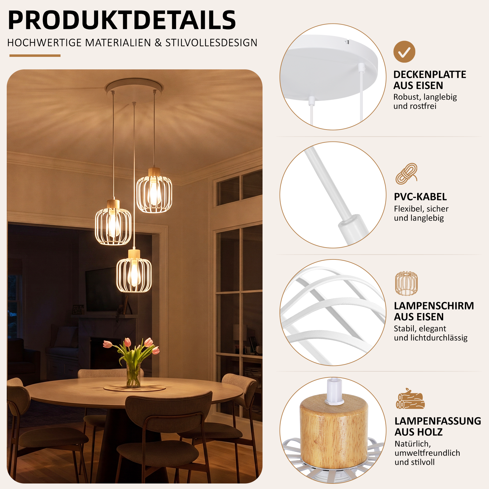 Catálogo de productos de una lámpara colgante moderna con detalles de placa de techo, cable, pantalla y portalámparas.