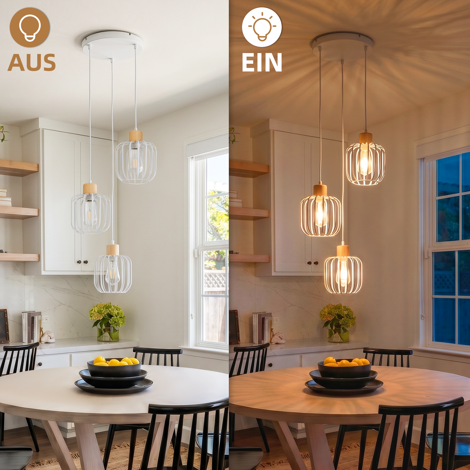 Comparación de un comedor: izquierda luz apagada, derecha luz encendida con lámparas colgantes cálidas.