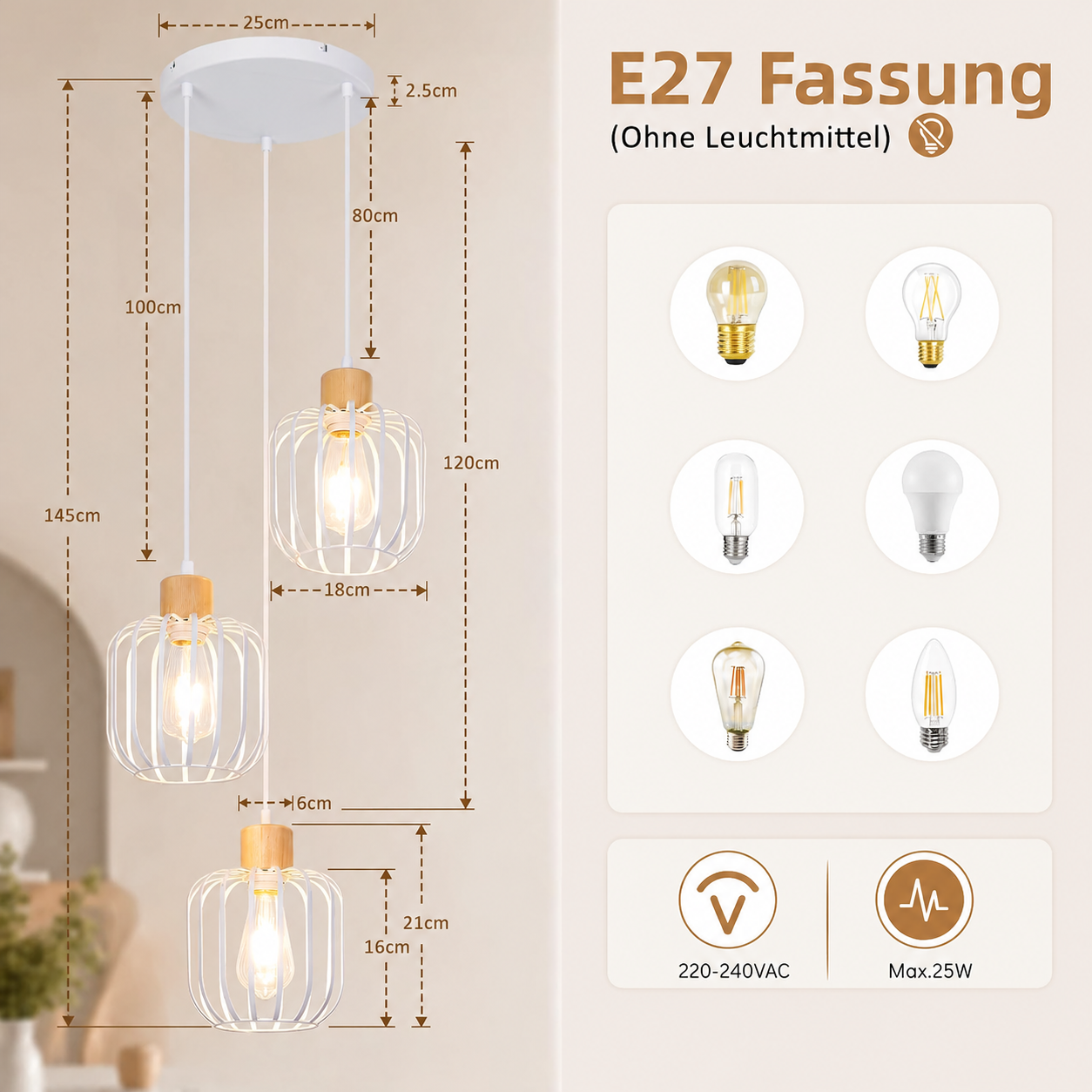 Diagrama de una lámpara colgante de tres luces con casquillo E27, dimensiones y bombillas compatibles.