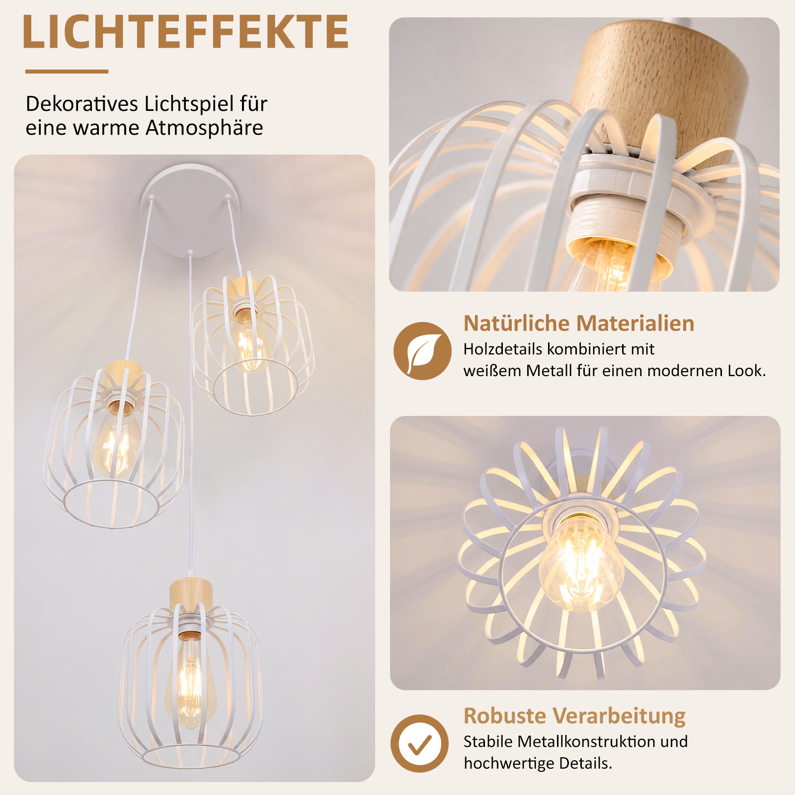 Lámpara colgante moderna con cesta de metal blanco y detalles en madera, iluminada.