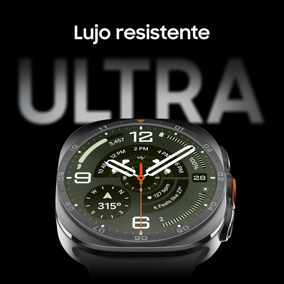 Uno smartwatch nero con quadrante verde su sfondo scuro con la scritta Lujo resistente ULTRA.