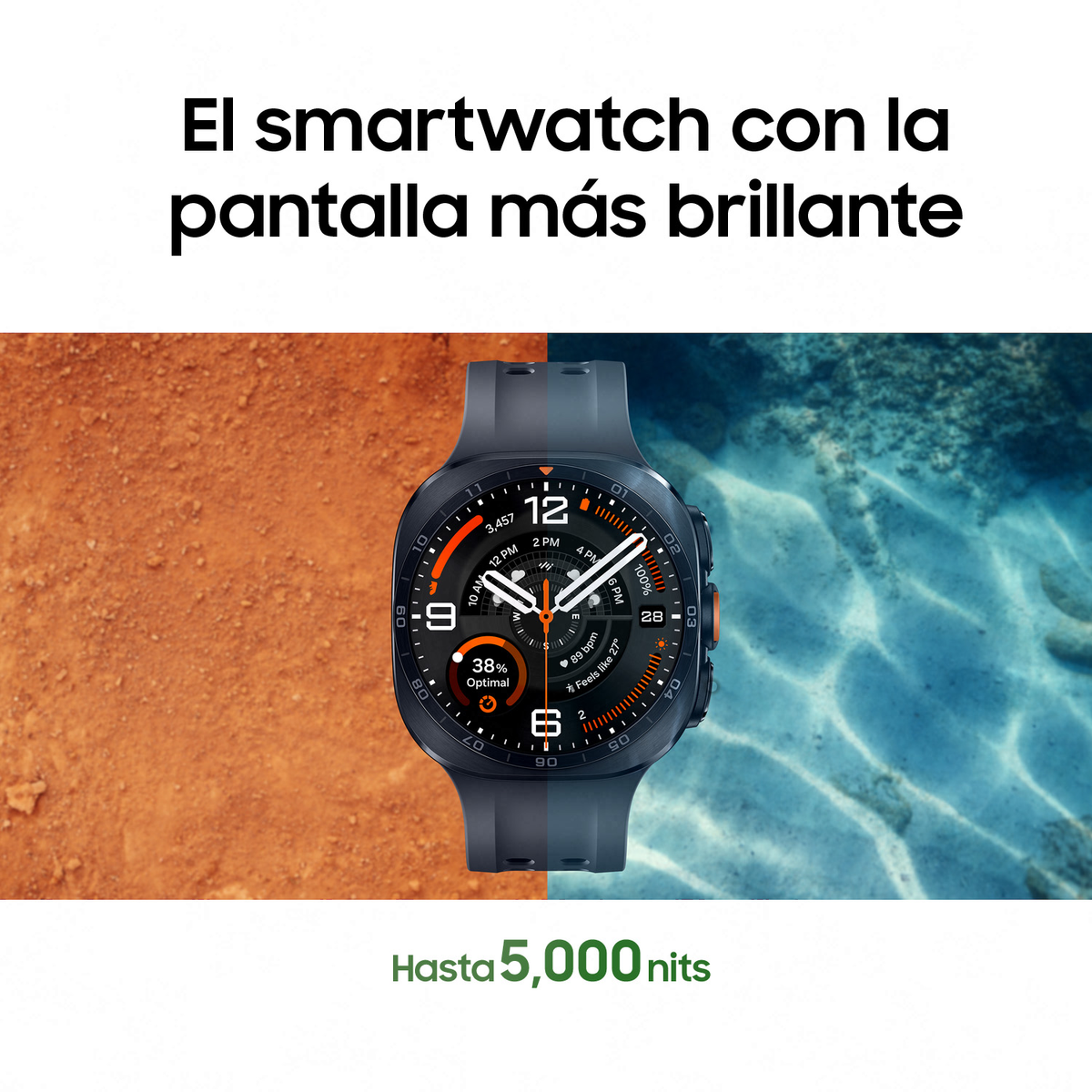 Uno smartwatch scuro su sfondo diviso di terra screpolata e acqua blu con testo.