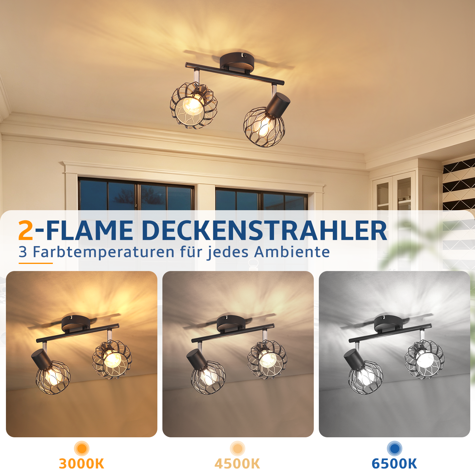 Schwarzer 2-Flammen-Deckenstrahler mit Gitterkugeln zeigt drei Farbtemperaturen.