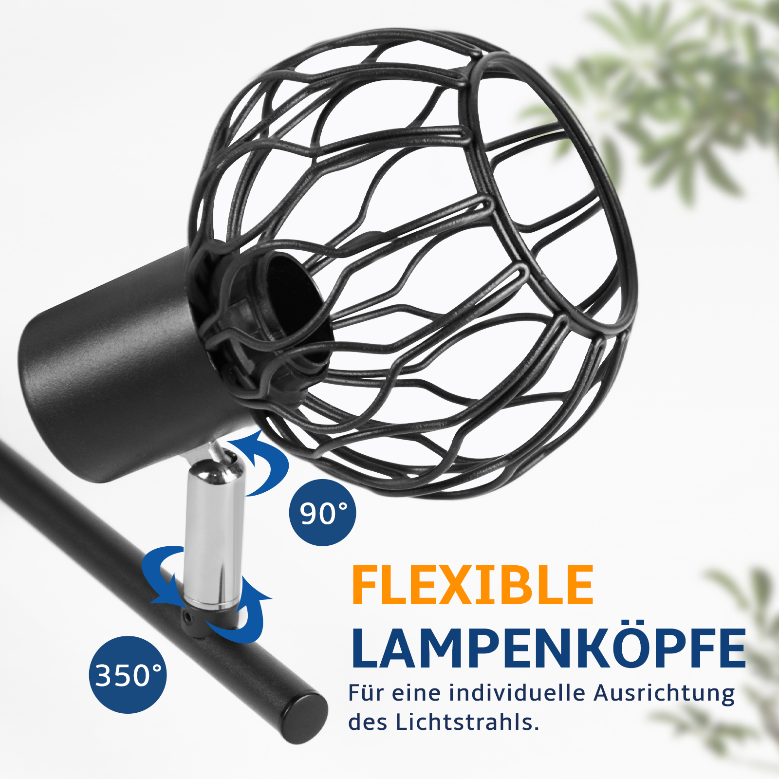 Schwarze Metallgitter-Strahlerfassung mit 90-Grad- und 350-Grad-Drehfunktion.