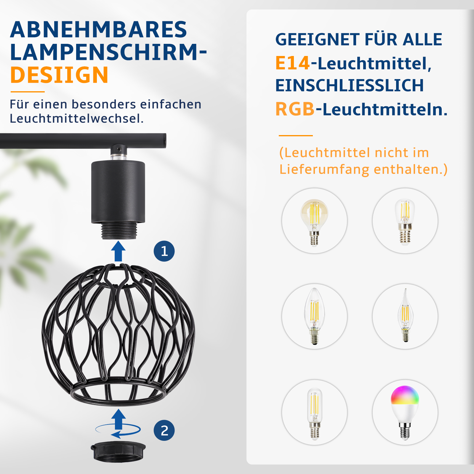 Illustration zeigt abnehmbaren Lampenschirm und kompatible E14-Leuchtmittel.