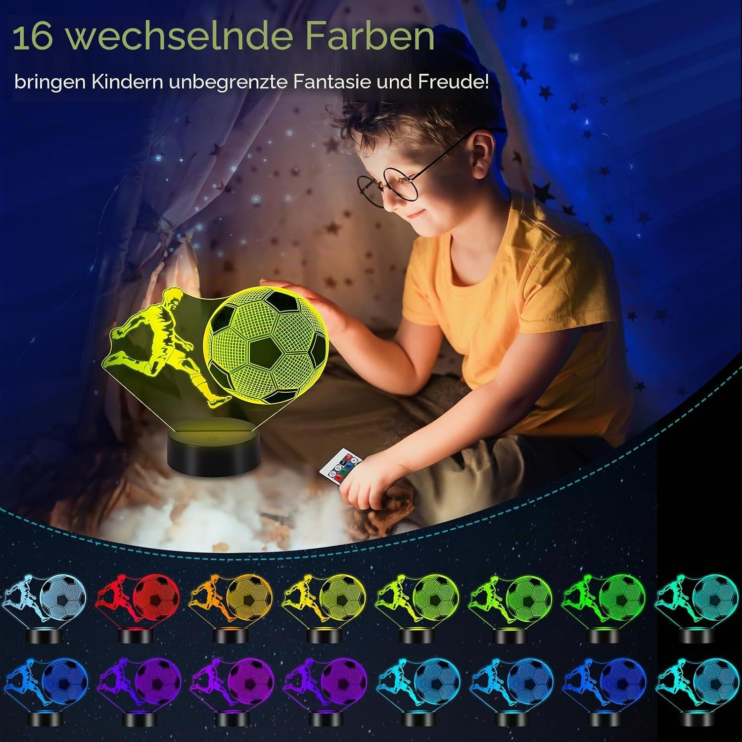 Ein Junge bedient eine farzwechselnde Fussball-3D-Lampe mit einer Fernbedienung in einem gemütlichen Zelt.