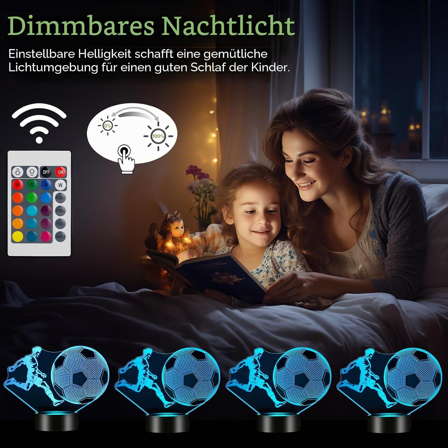 Mutter und Kind lesen im Bett neben dimmbaren Nachtlichtern mit Fernbedienung und Fußball-Design.