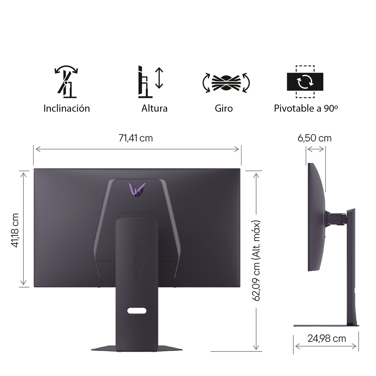 Disegno tecnico di un monitor con dimensioni e icone per inclinazione, altezza, rotazione e pivot.