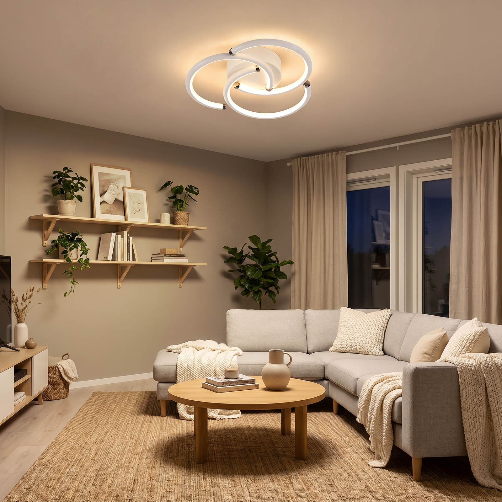 Moderna lámpara de techo ilumina una sala de estar acogedora con sofá gris y muebles de madera.