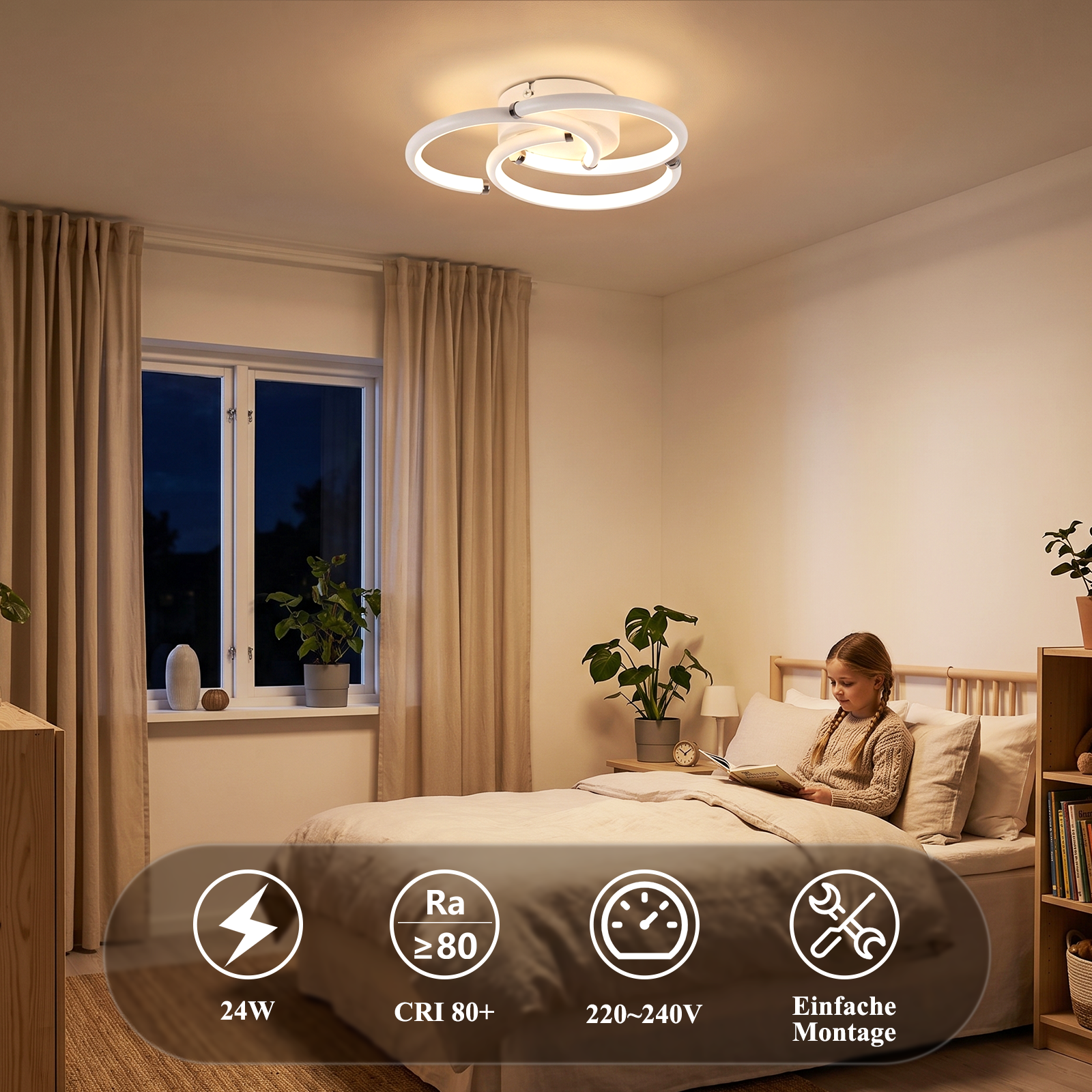 Una niña lee en la cama en una habitación iluminada cálidamente con una lámpara de techo moderna.