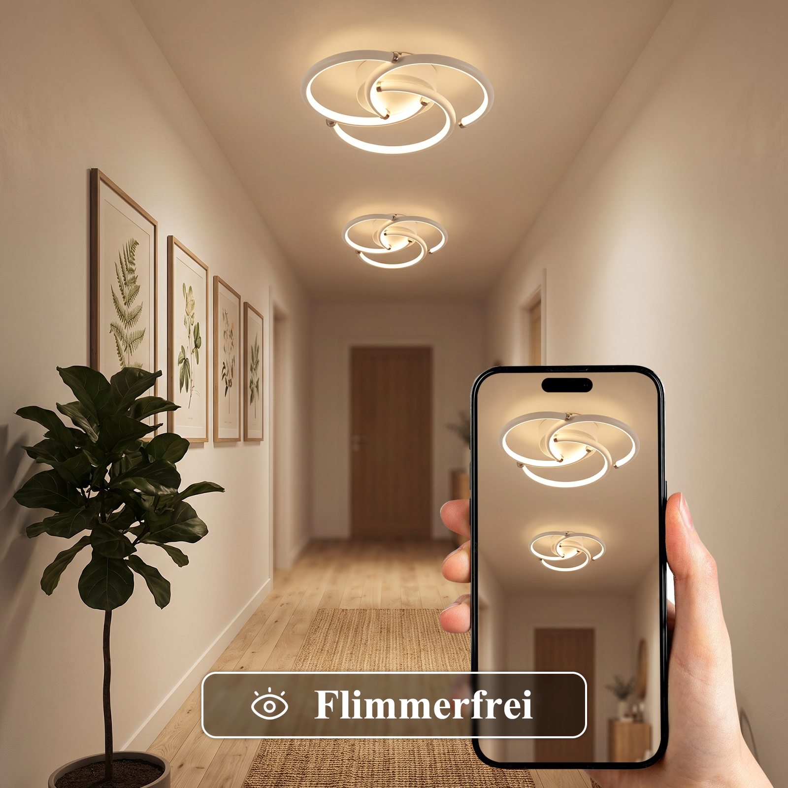 Pasillo con planta, cuadros y dos lámparas de techo modernas, visto a través de un teléfono que las muestra sin parpadeos.