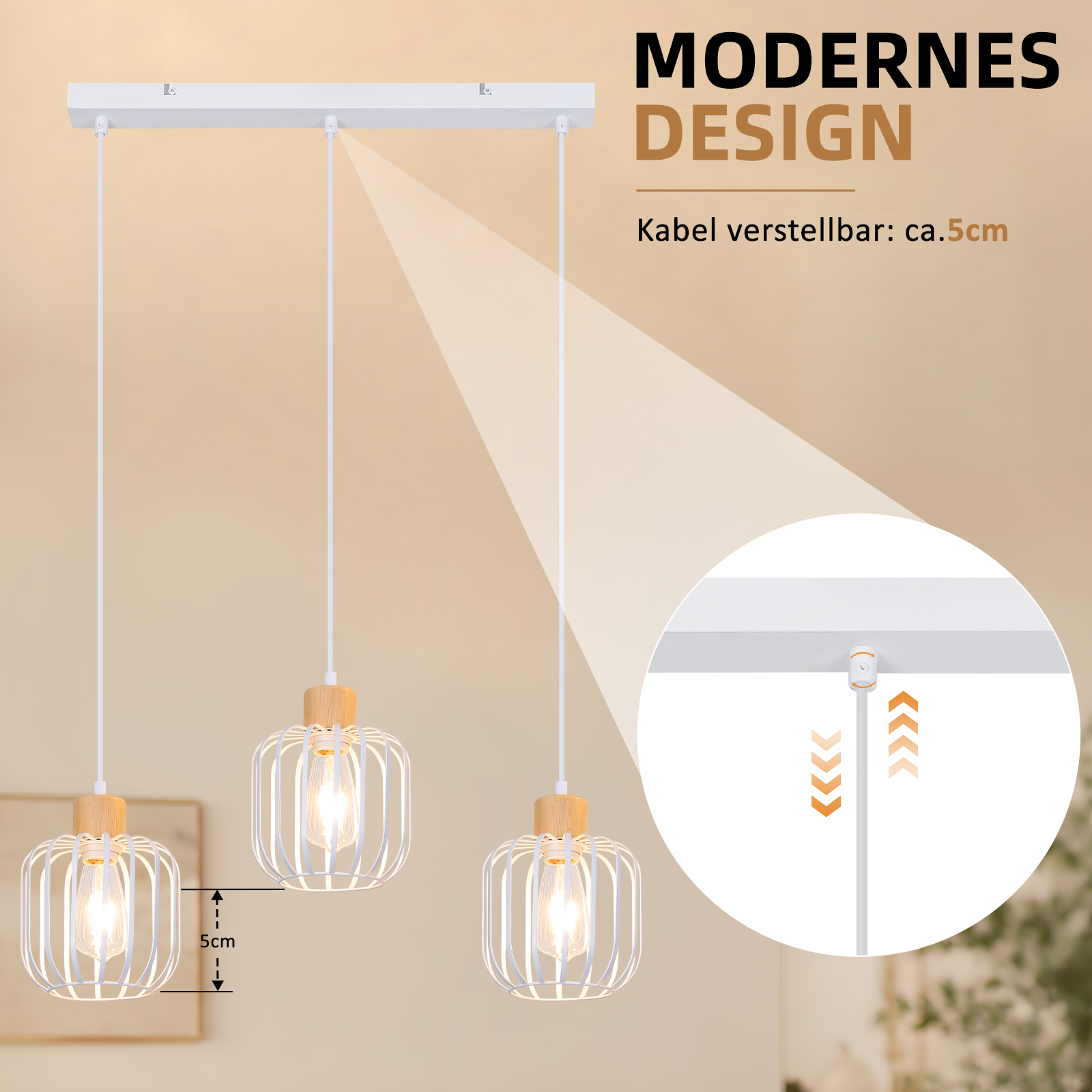 Lámpara colgante moderna con tres pantallas de malla blanca y elementos de madera, altura ajustable.