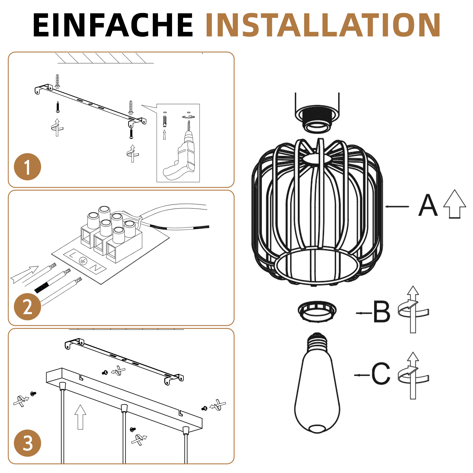 Diagrama que muestra instrucciones de instalación fáciles para una lámpara de techo en tres pasos.