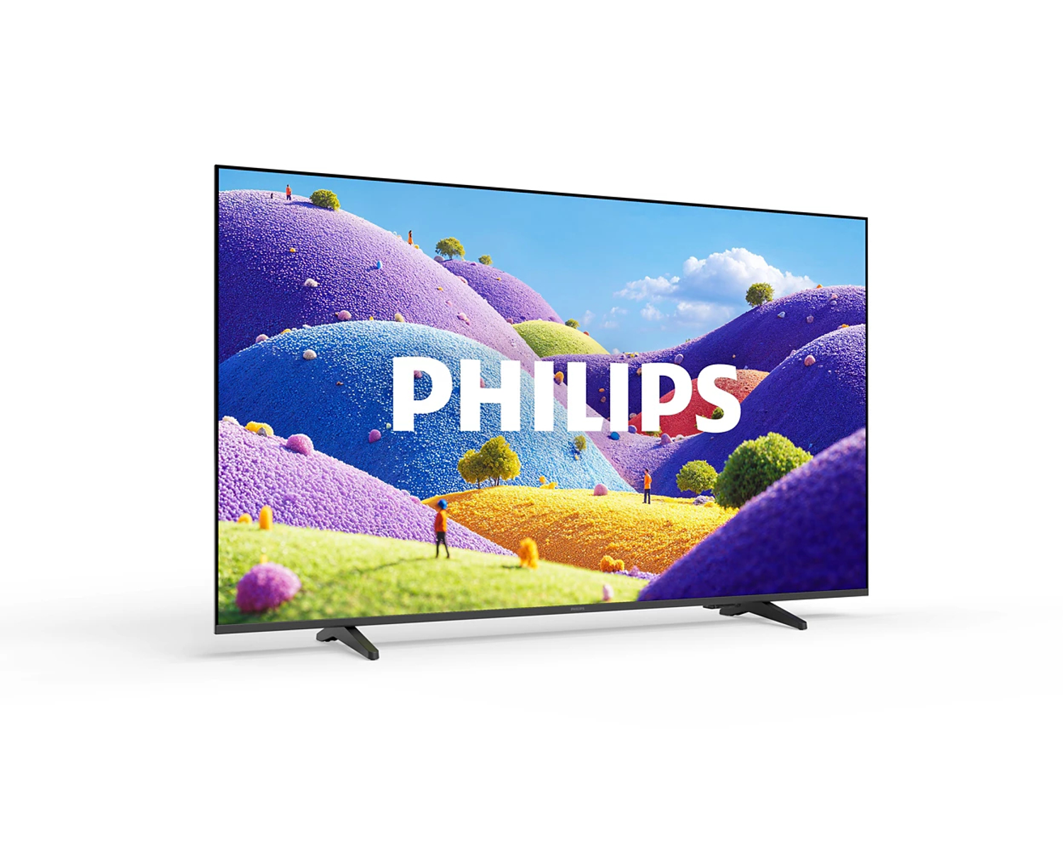 Un televisor Philips con colinas coloridas y onduladas y un cielo azul en la pantalla.