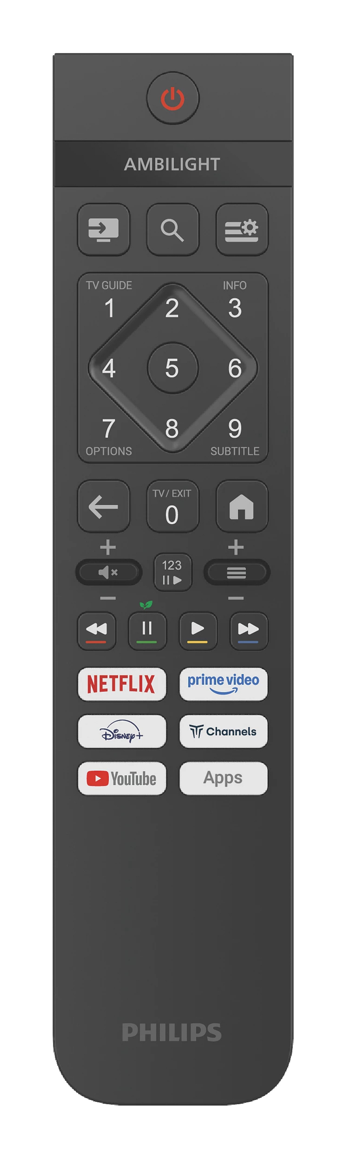 Un control remoto negro Philips Ambilight con teclado numérico, teclas de navegación y botones de streaming.