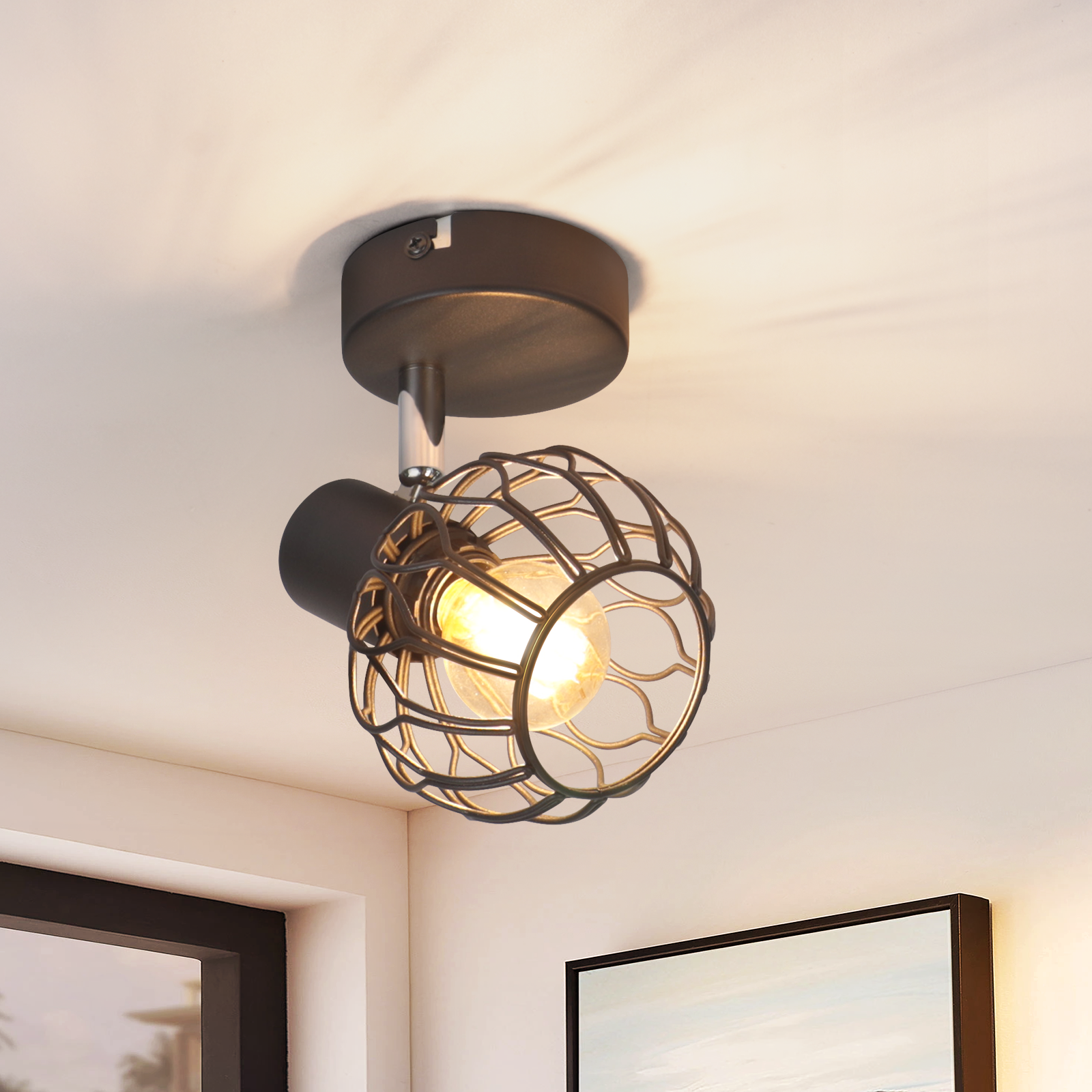 Eine schwarze Deckenlampe mit einem kugelförmigen Metallgitter und einer brennenden Glühbirne.