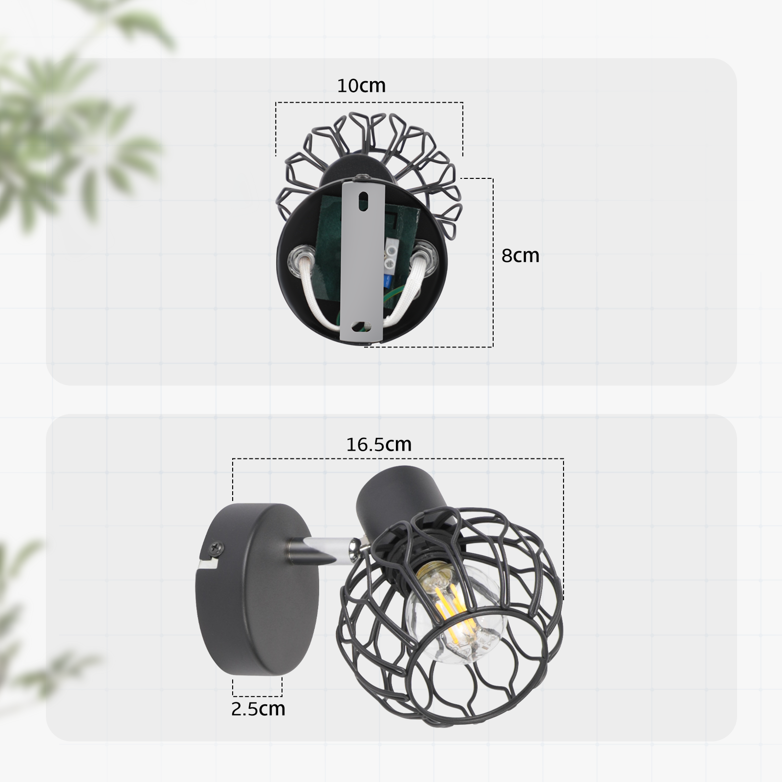 Diagramm zeigt Abmessungen einer schwarzen Wandleuchte: 10cm, 8cm, 16.5cm und 2.5cm.