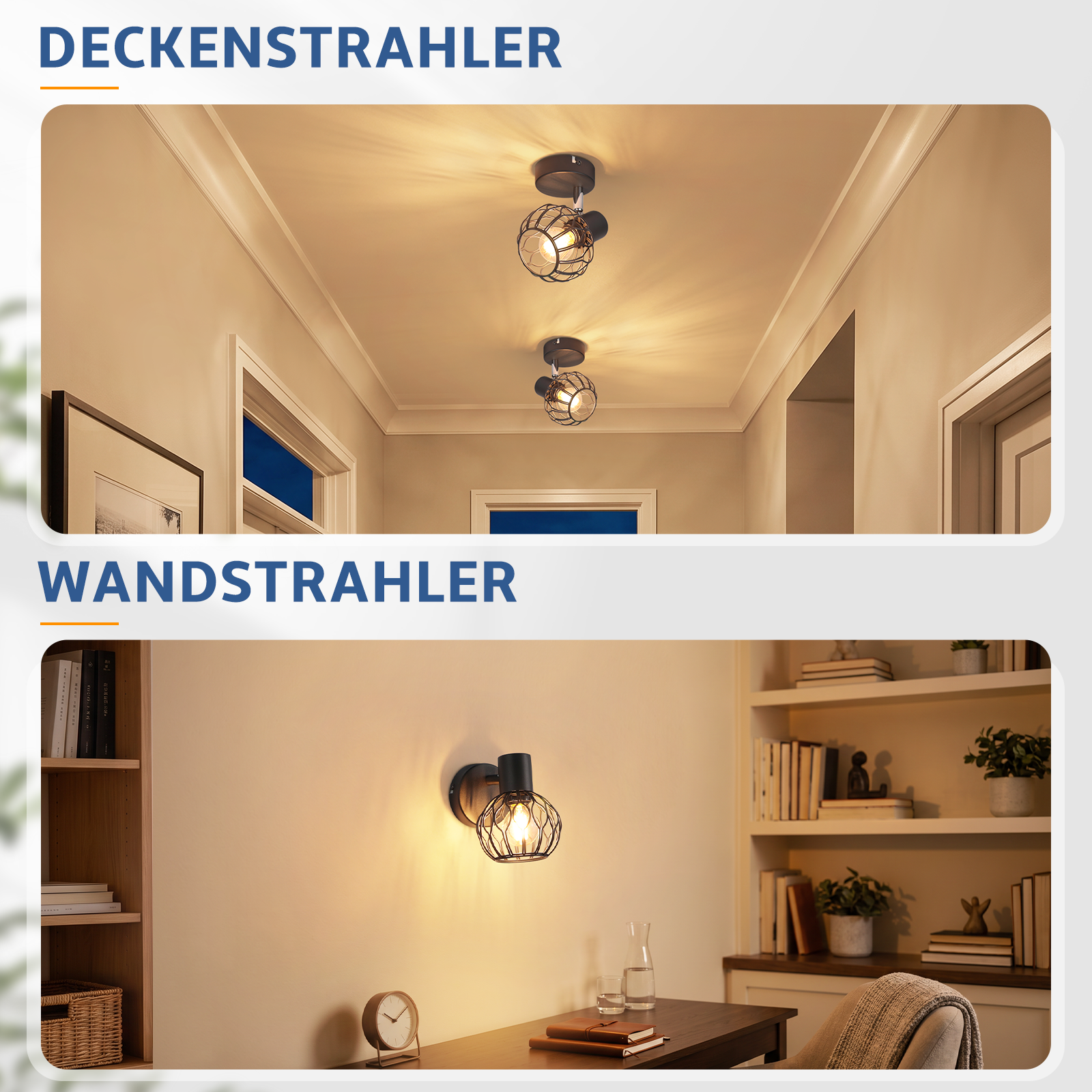 Zwei Szenen: oben zwei Deckenstrahler im Flur, unten ein Wandstrahler über einem Schreibtisch mit Regalen.