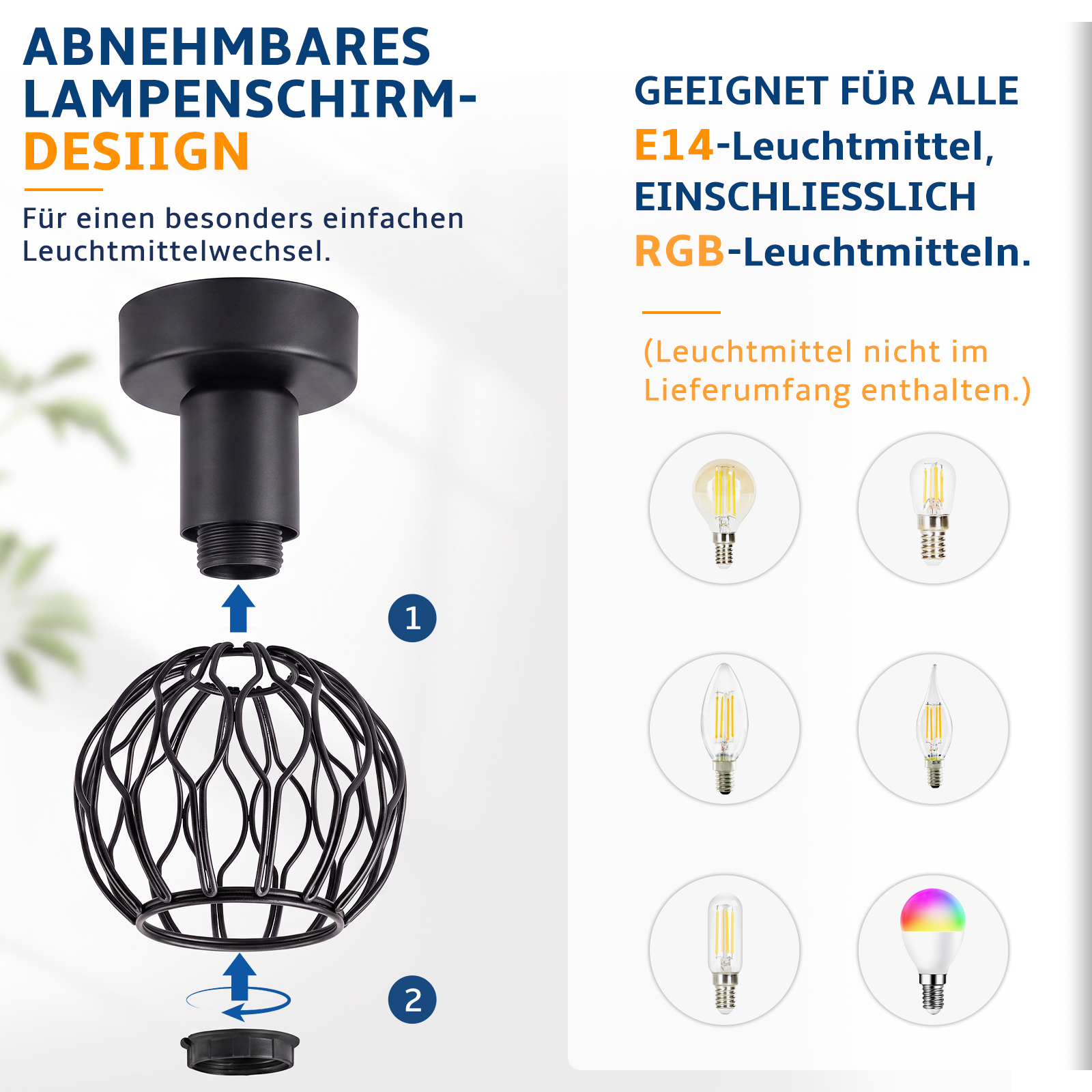 Diagramm zeigt die Montage einer schwarzen Deckenlampe mit E14-Fassung und verschiedenen passenden Glühbirnen.