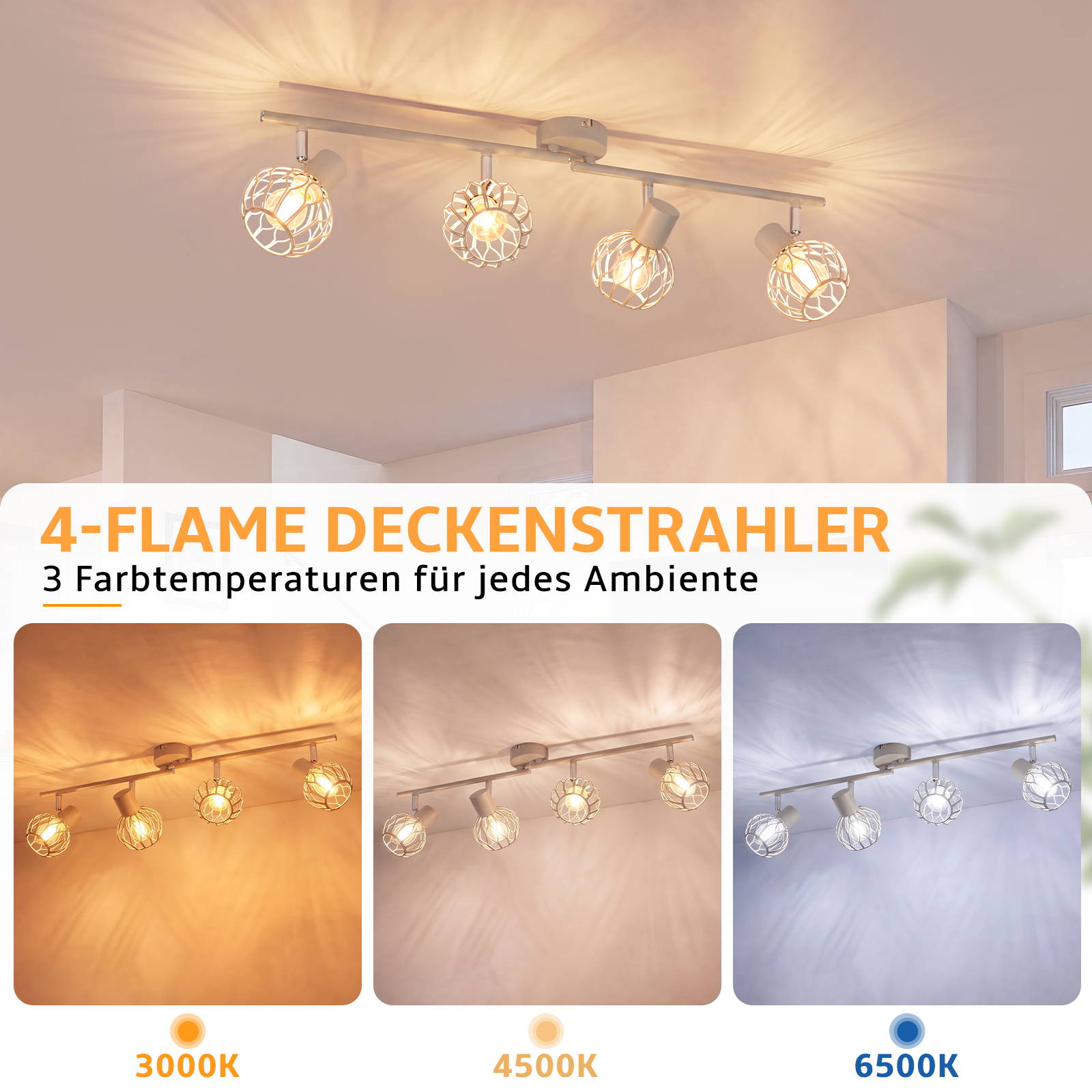 Un foco de techo de cuatro luces que muestra tres temperaturas de color: 3000K, 4500K y 6500K.