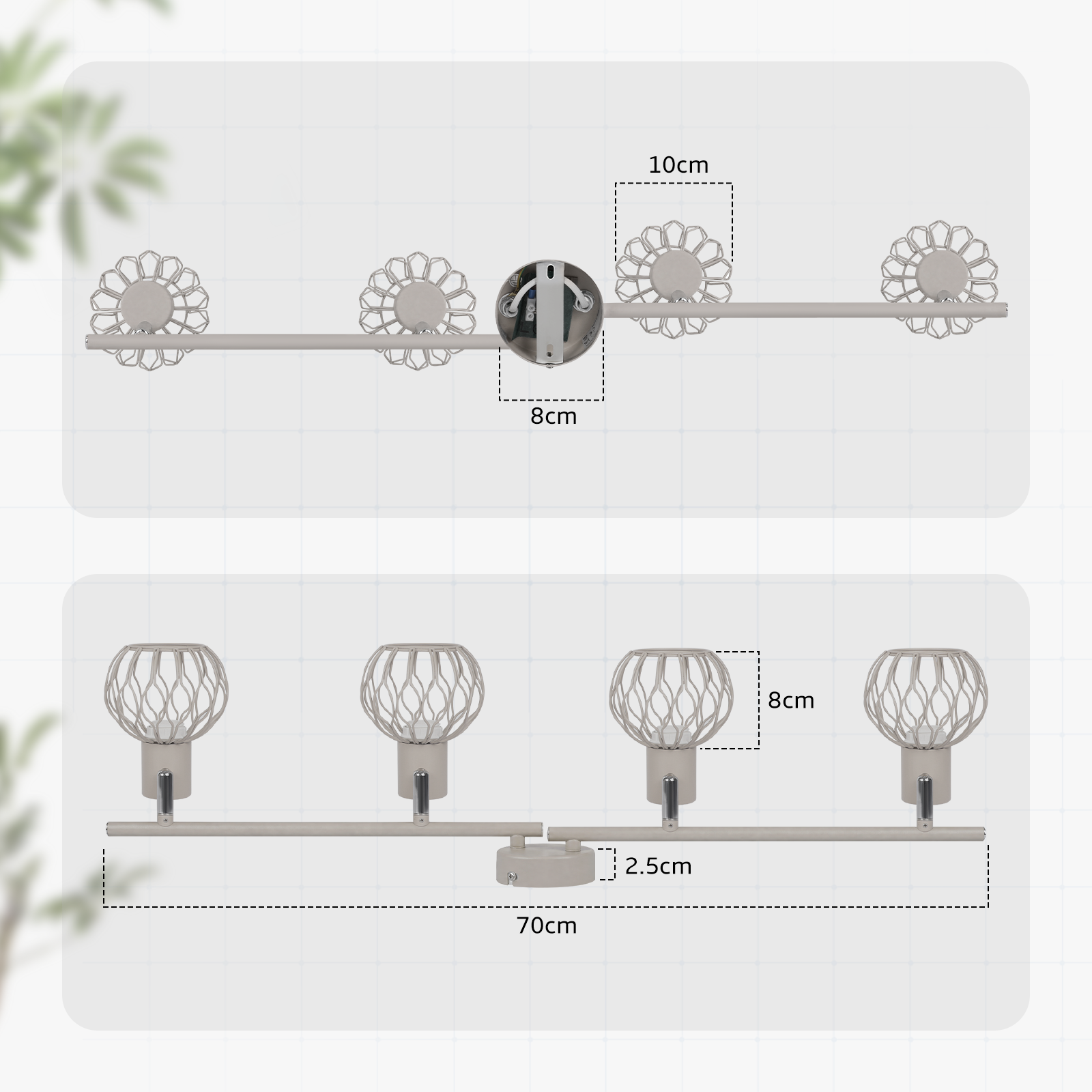 Dibujo técnico de un aplique de 4 luces con medidas en centímetros.