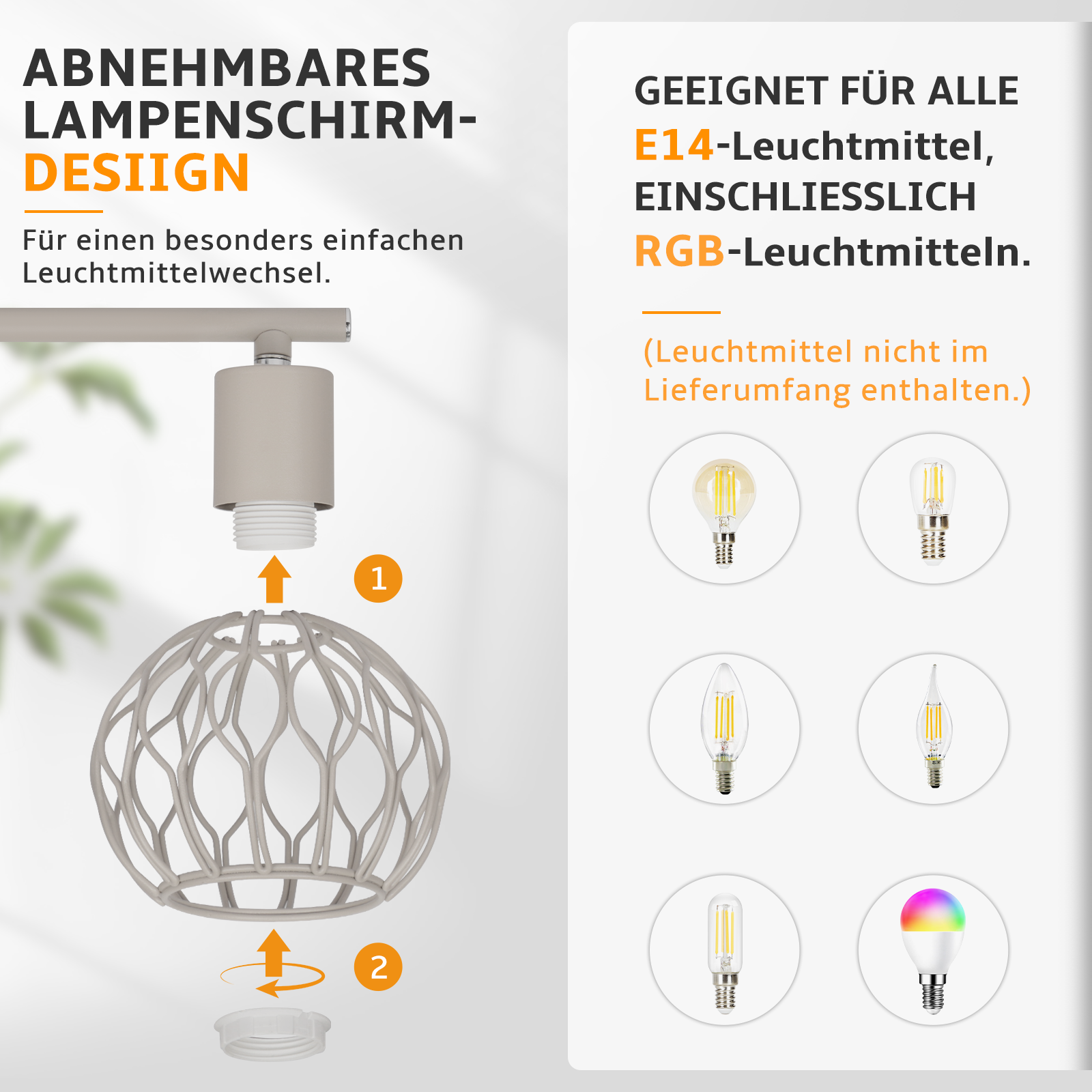 El diagrama muestra un diseño de pantalla extraíble y compatibilidad con bombillas E14.
