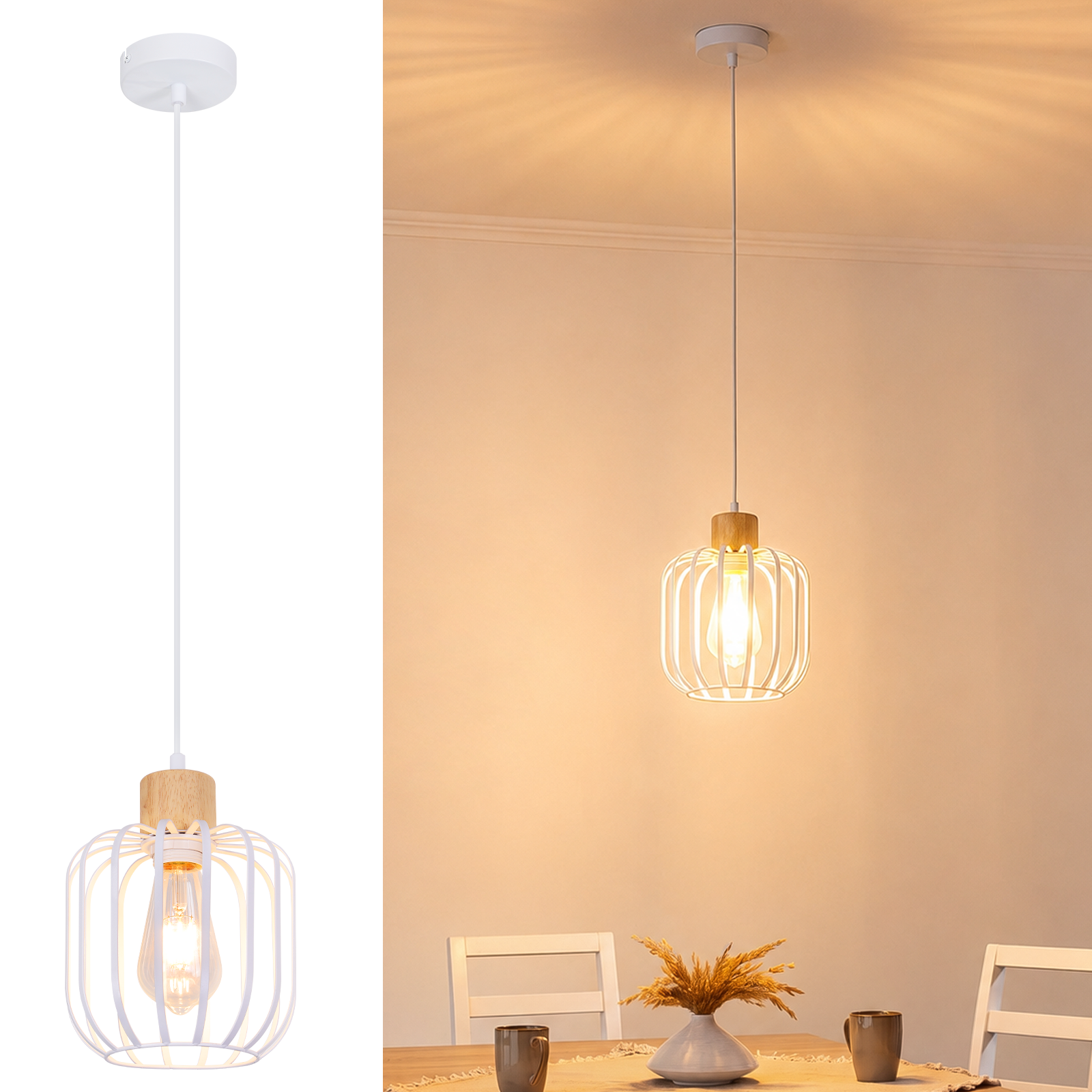 Eine weiße Hängeleuchte mit Holzdetails und Metallgitter über einem gedeckten Tisch.